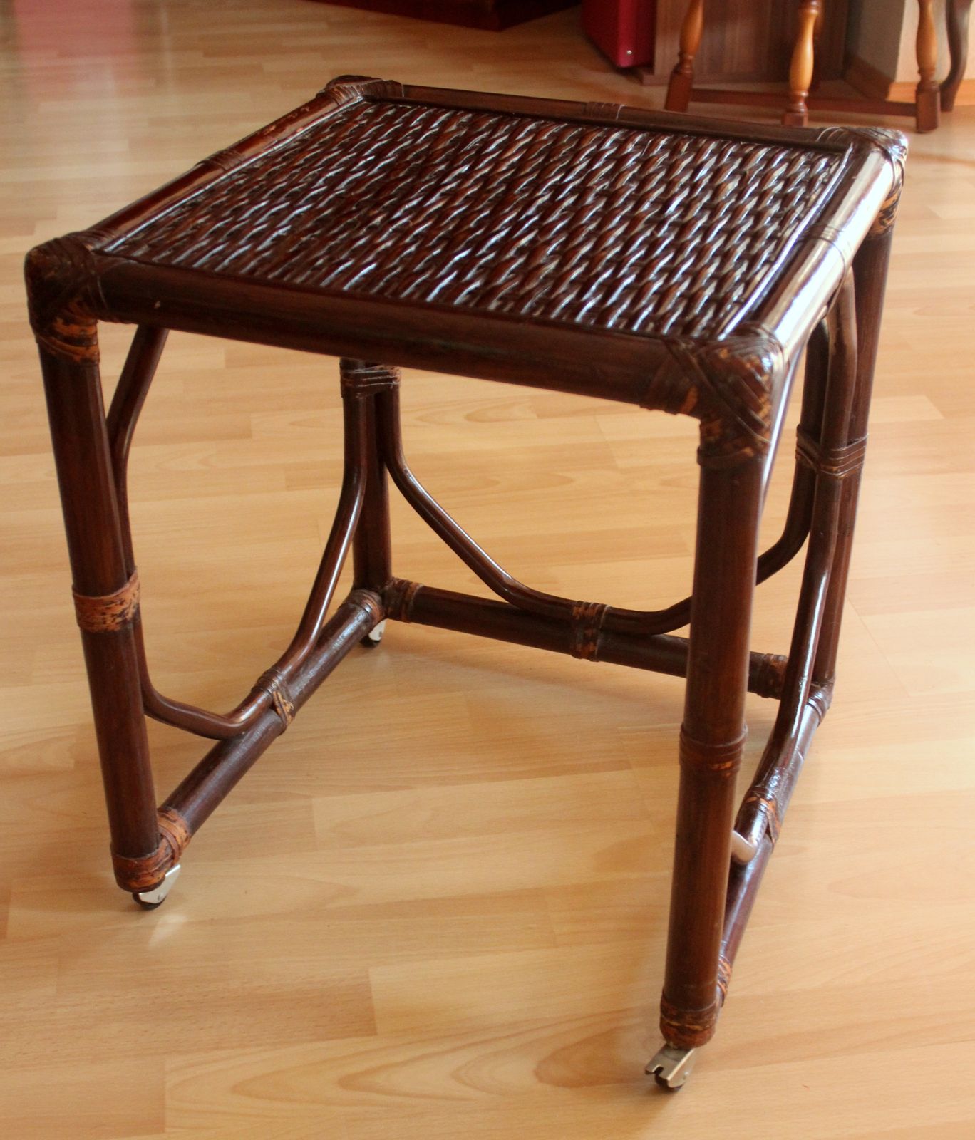 Mid Century Small Side Table On Rolls Made Of Rattan, Bamboo And Wood   Handmade, Braided   Vintage photo Furniture
