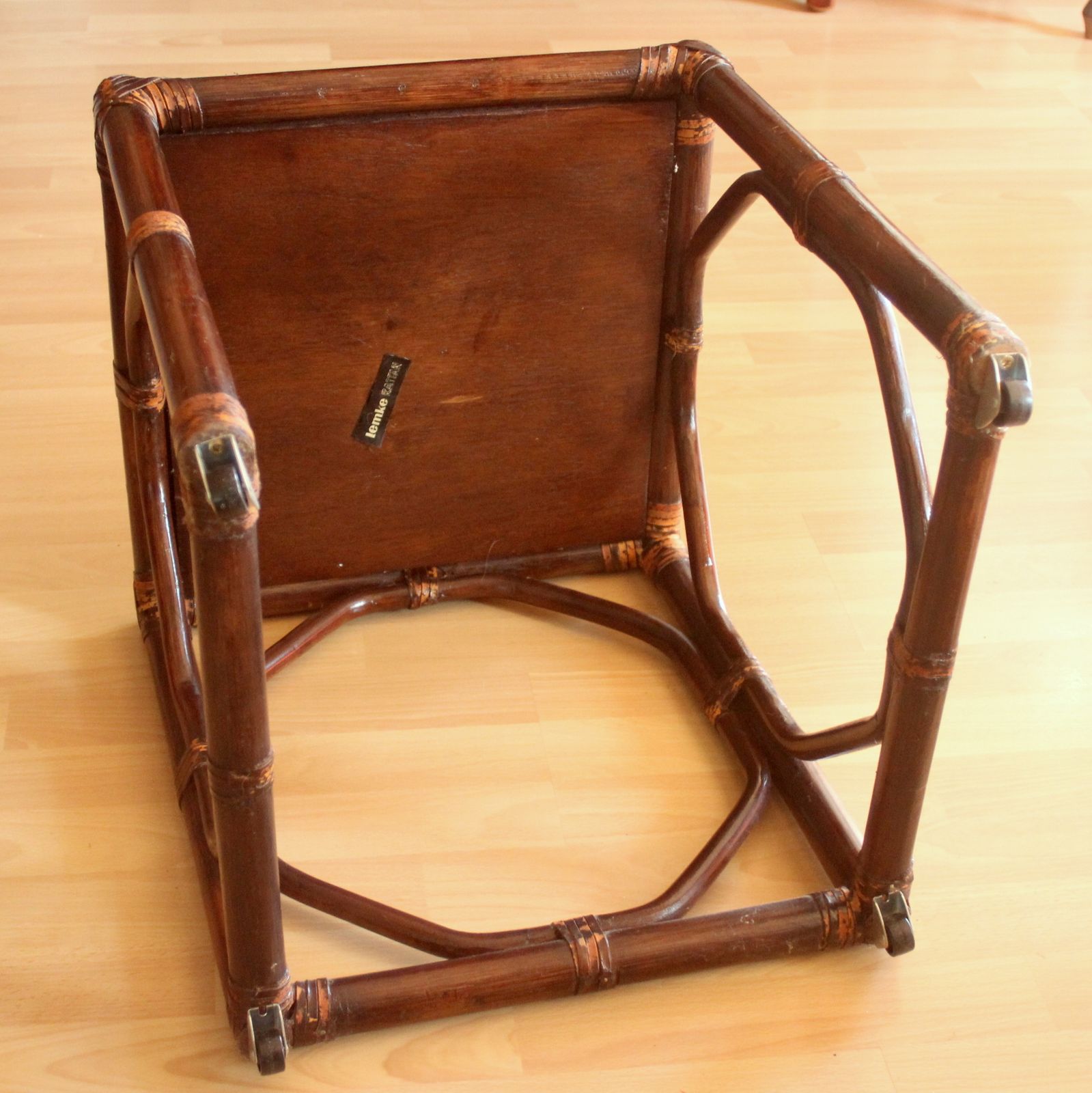 Mid Century Small Side Table On Rolls Made Of Rattan, Bamboo And Wood   Handmade, Braided   Vintage photo buy