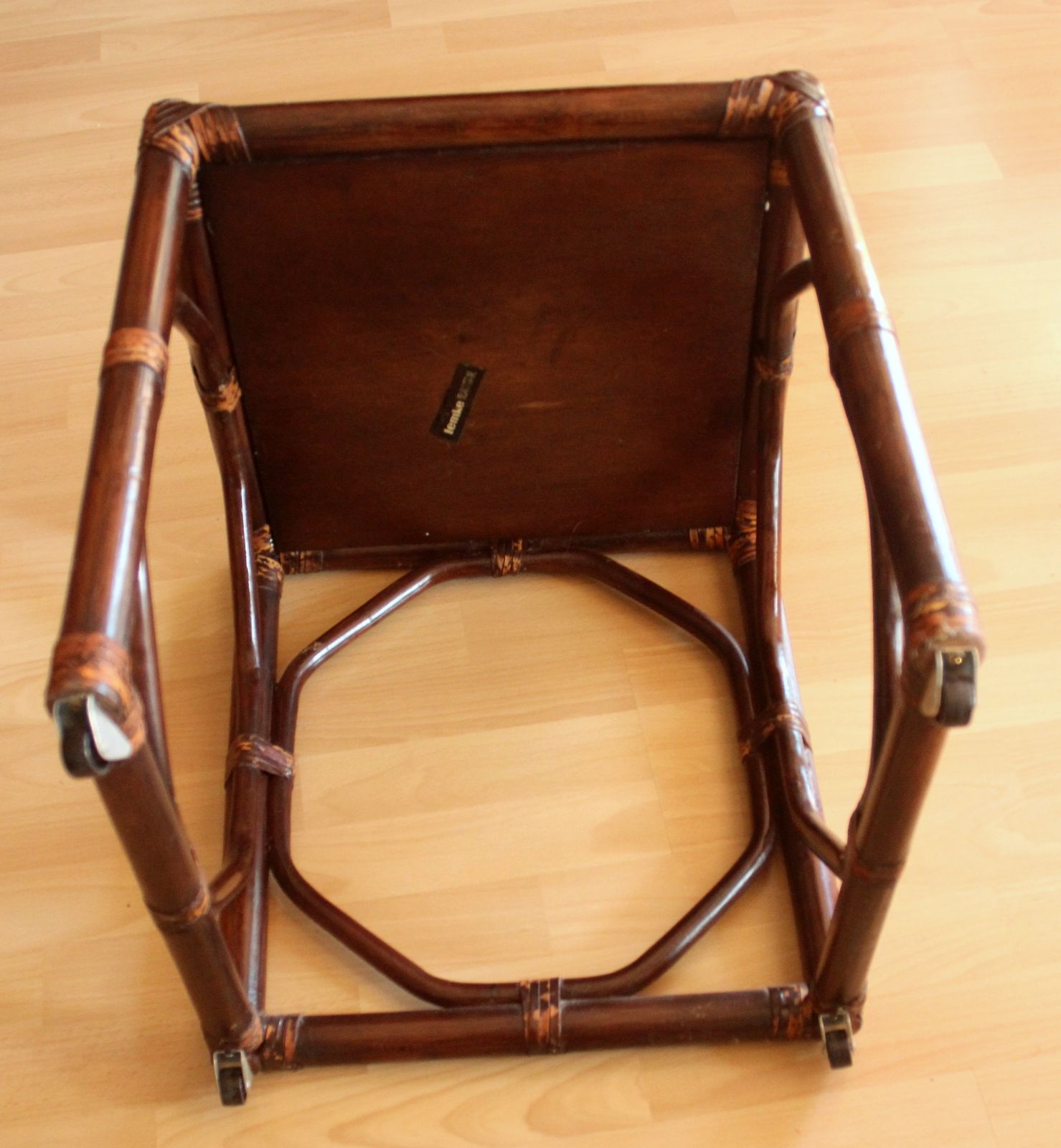 Mid Century Small Side Table On Rolls Made Of Rattan, Bamboo And Wood   Handmade, Braided   Vintage photo vintage