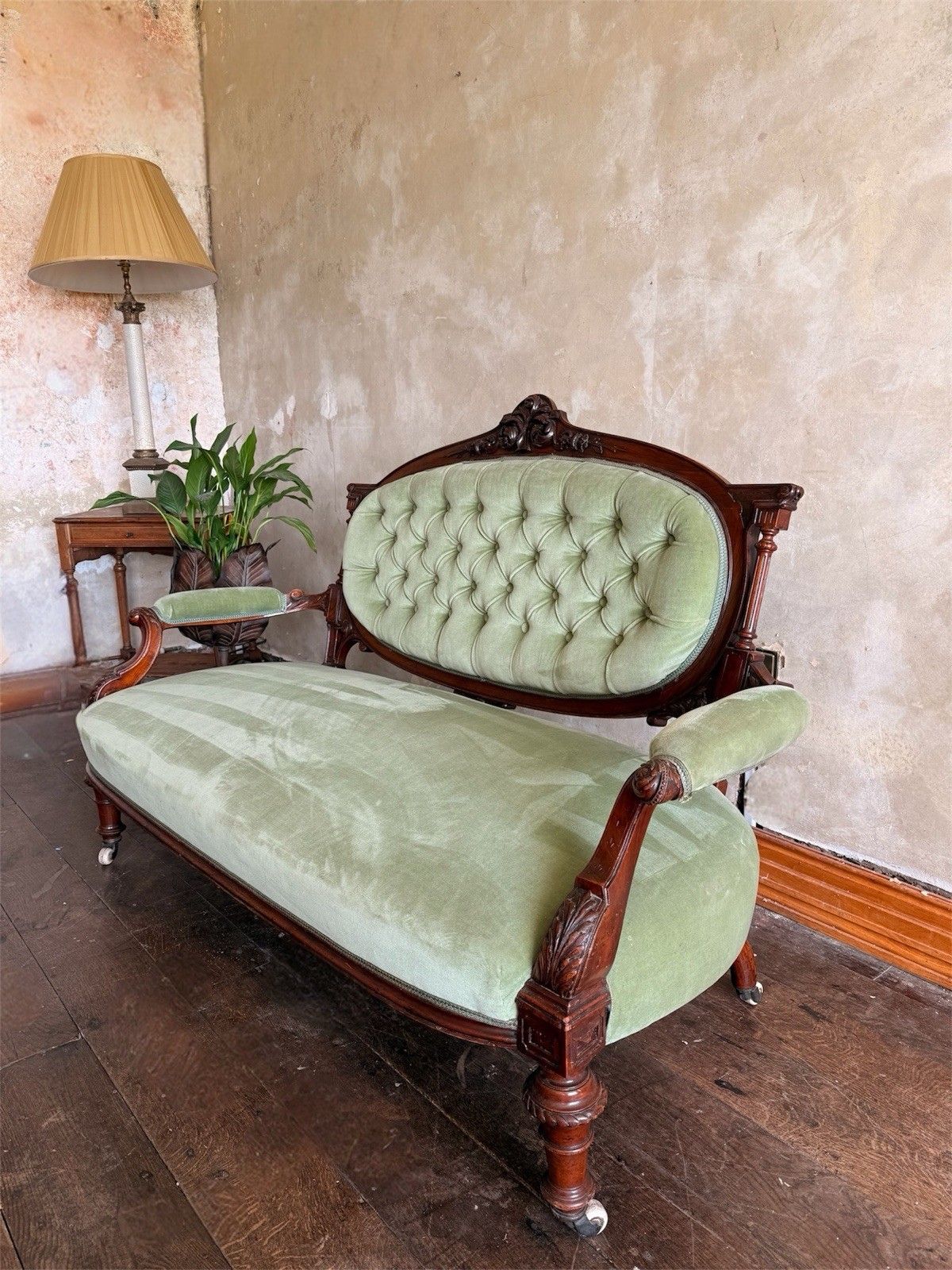 photo for sale Original Antique Carved Pastashio Green Chaise Longue Salon Sofa England 1880 C