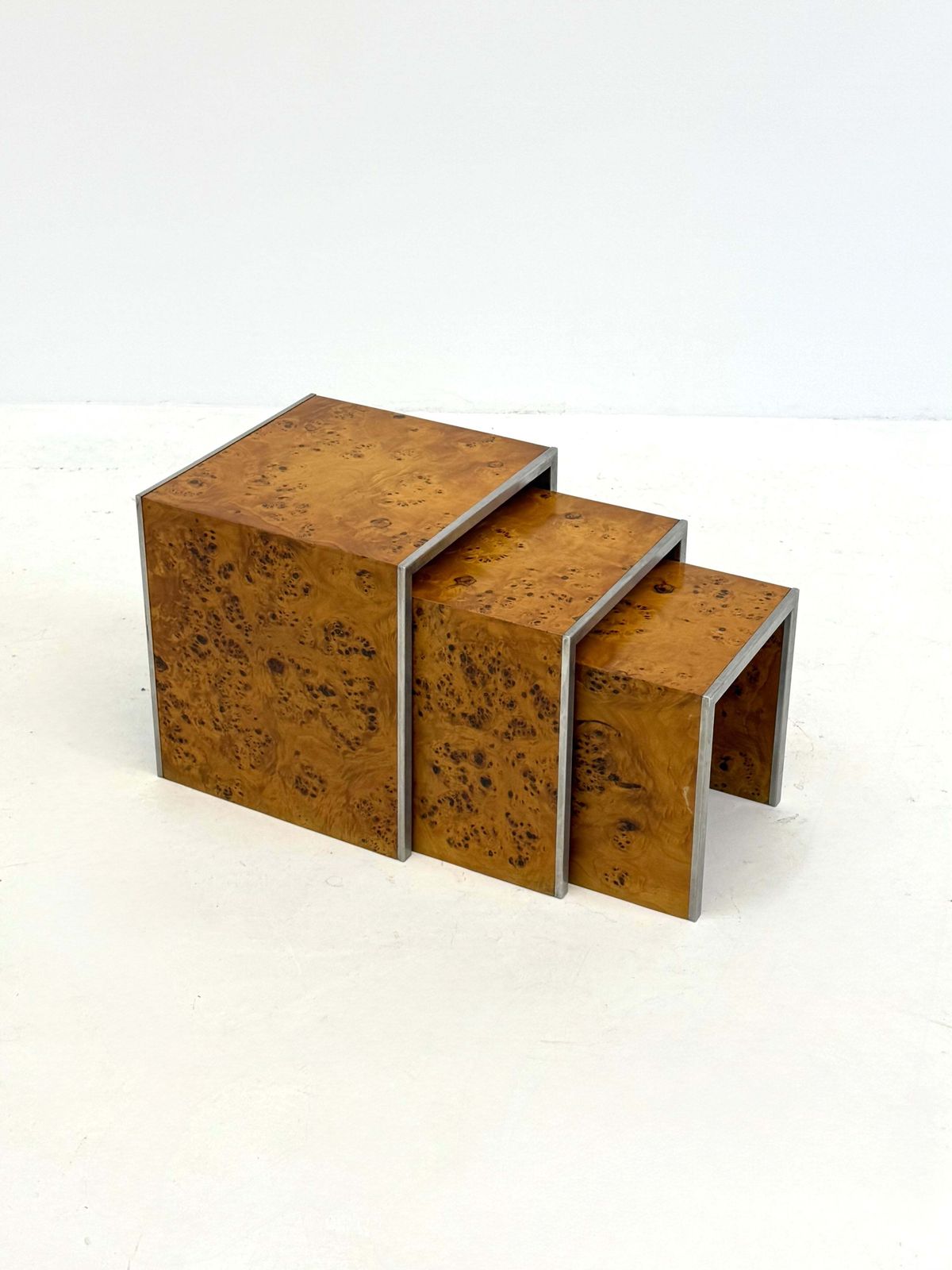 Set Of Three Tommaso Barbi Mid Century Modern Burr Wood Side Tables photo furniture