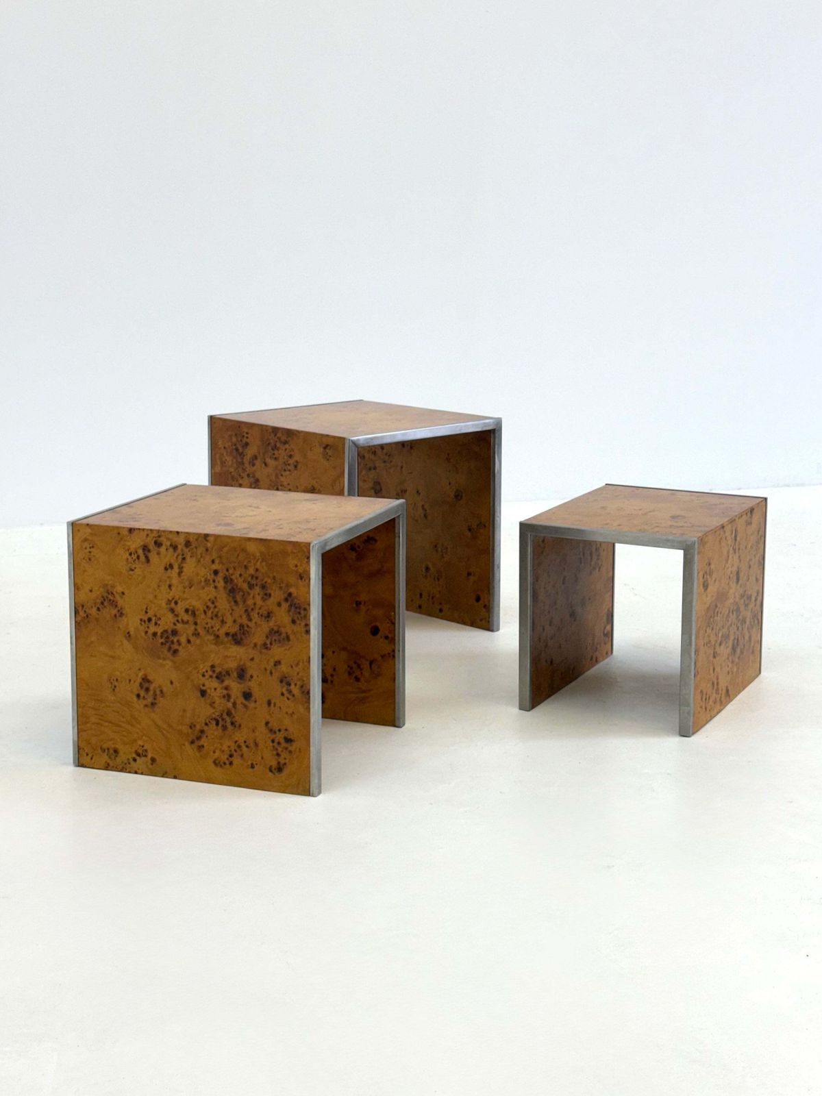 Set Of Three Tommaso Barbi Mid Century Modern Burr Wood Side Tables photo for sale