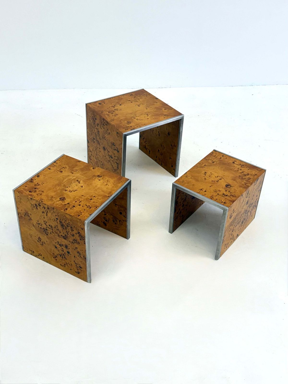 Set Of Three Tommaso Barbi Mid Century Modern Burr Wood Side Tables photo vinterior