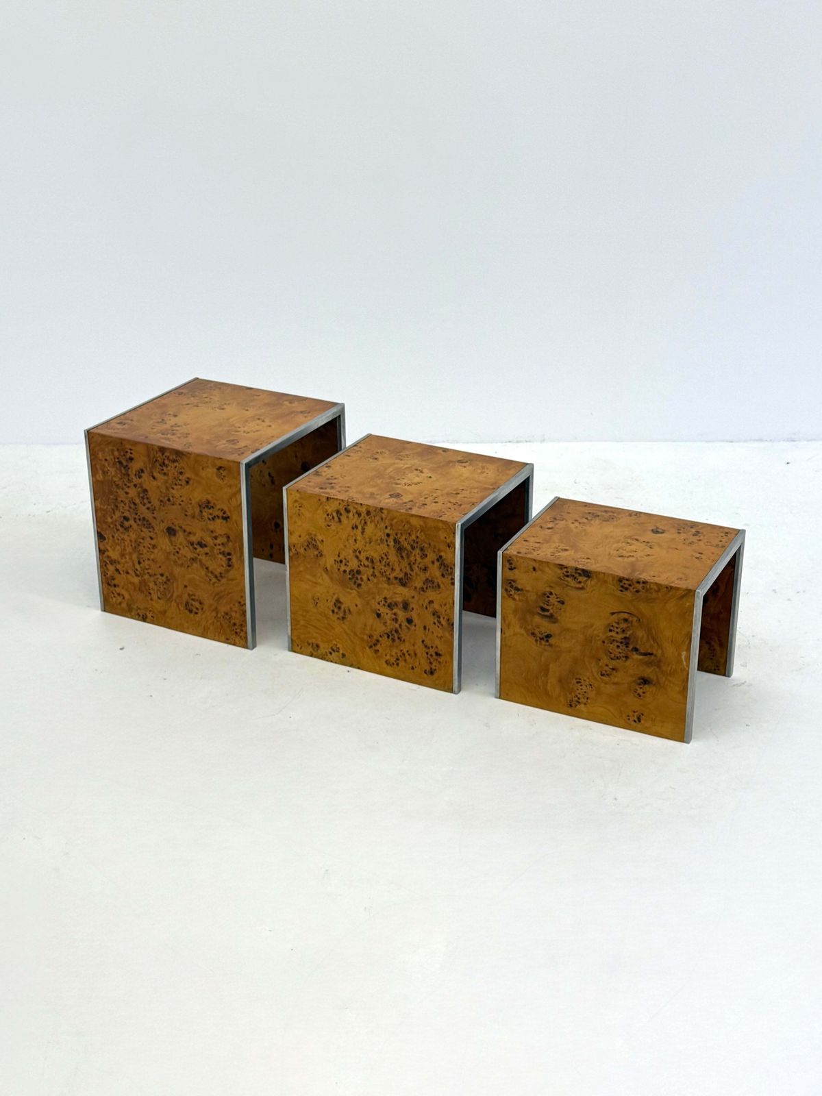 Set Of Three Tommaso Barbi Mid Century Modern Burr Wood Side Tables photo buy
