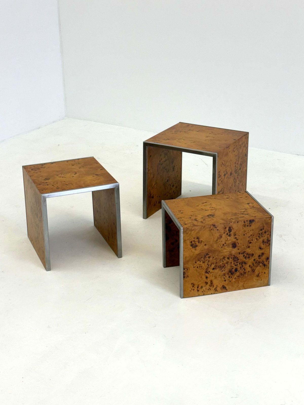 Set Of Three Tommaso Barbi Mid Century Modern Burr Wood Side Tables photo vintage