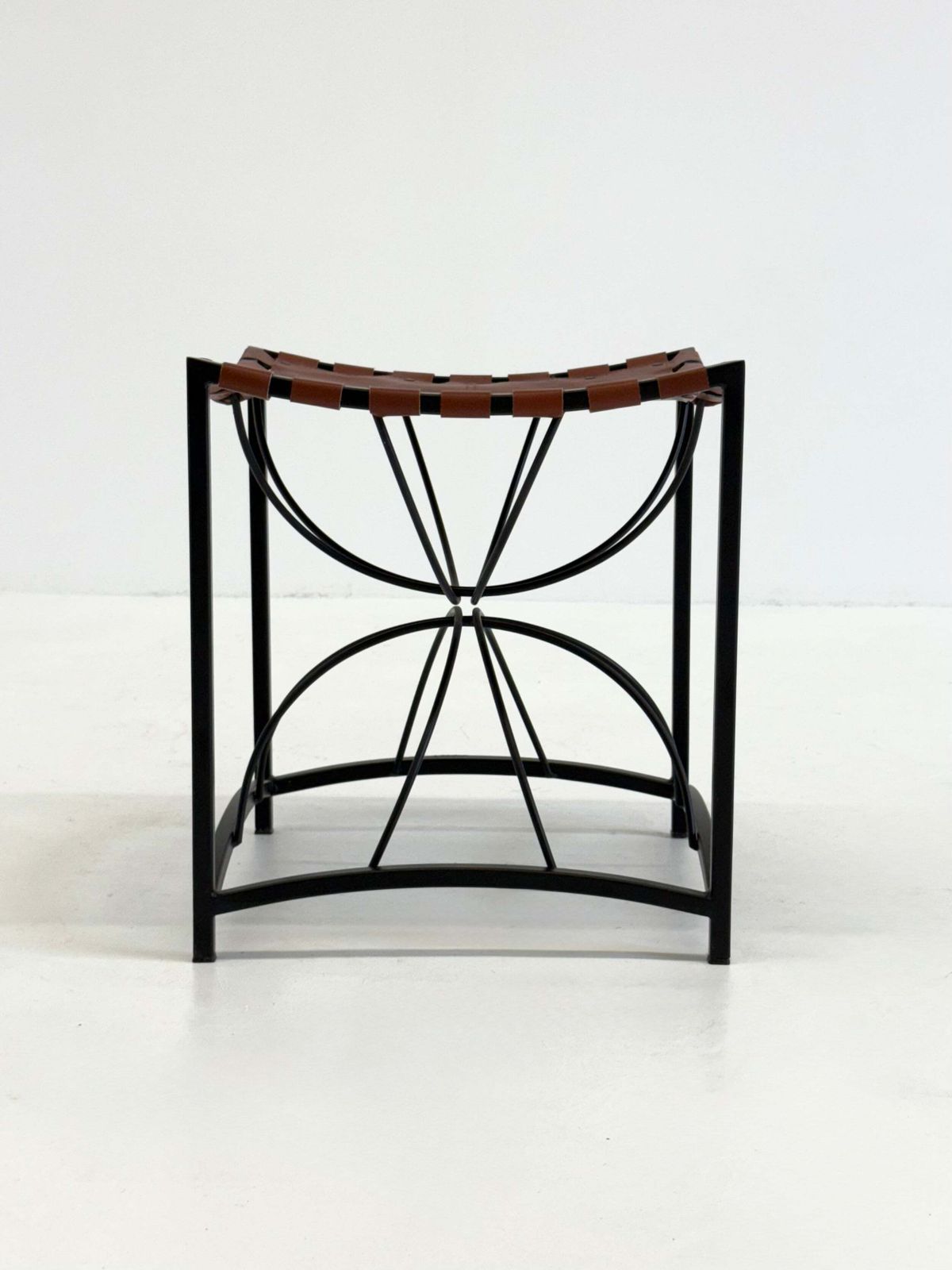 Elegant Vintage French Stool With Black Metal And Brown Leather photo furniture