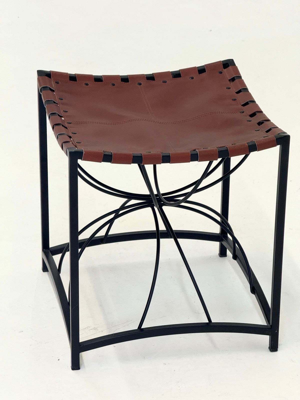 Elegant Vintage French Stool With Black Metal And Brown Leather photo Furniture
