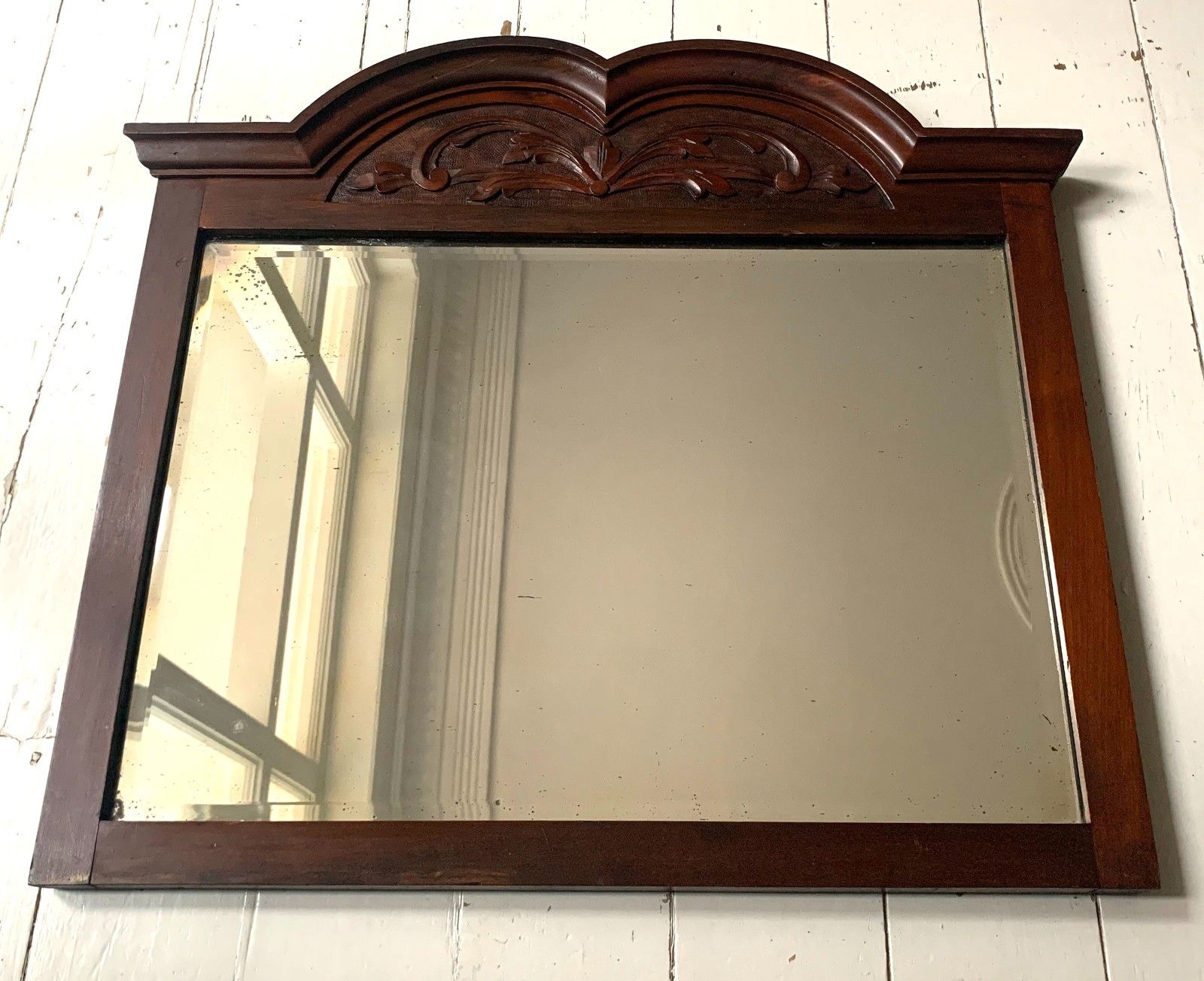 Antique Victorian Mirror W/ Bevelled Glass & Mahogany Frame, Carved Pediment photo furniture