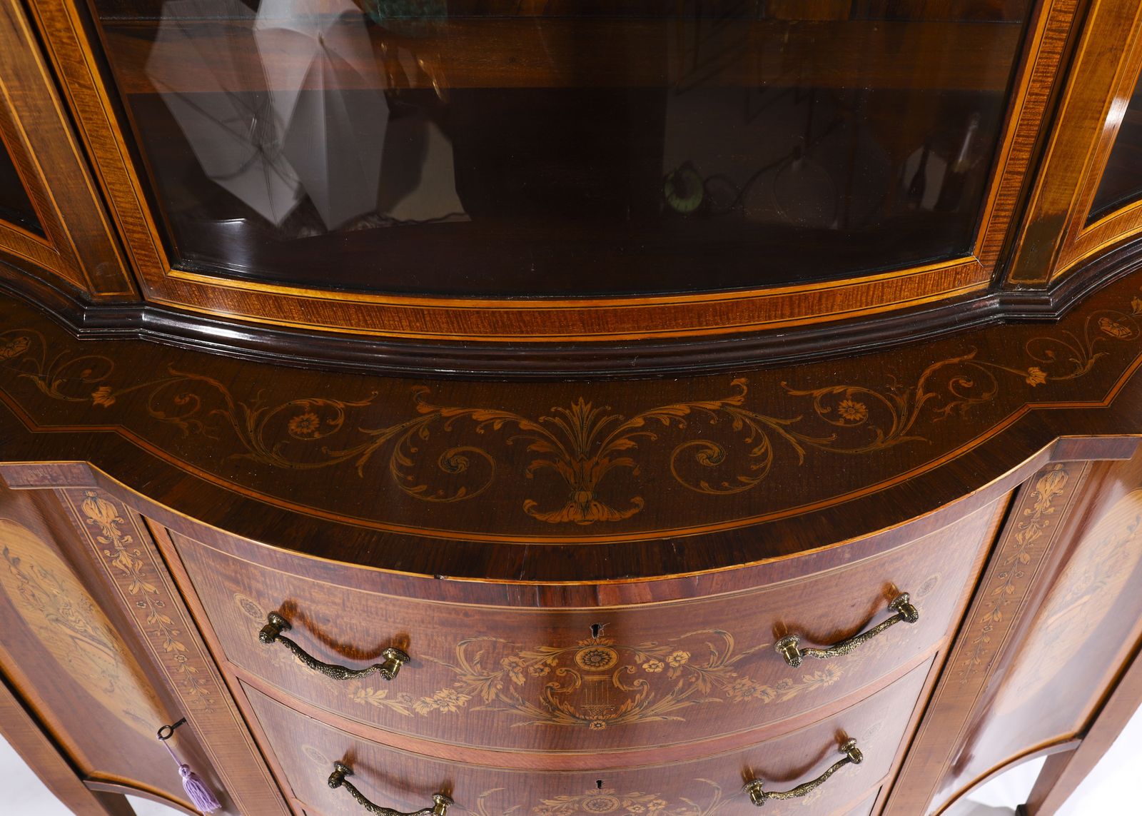 6500.0 Antique Marquetry Serpentine Display Cabinet Edwards & Roberts 19th C photo
