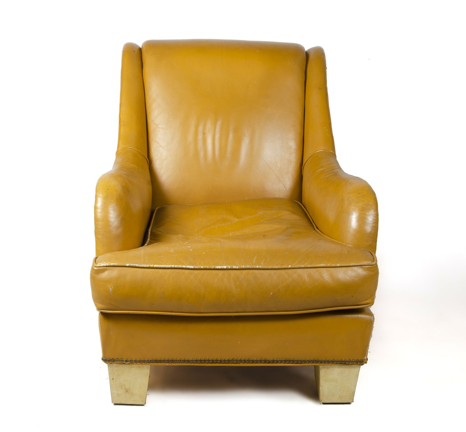 Pair Of 1940s Mid Century Modern Leather Club Chairs With Parchment Paper Covered Wood Legs, France photo for sale