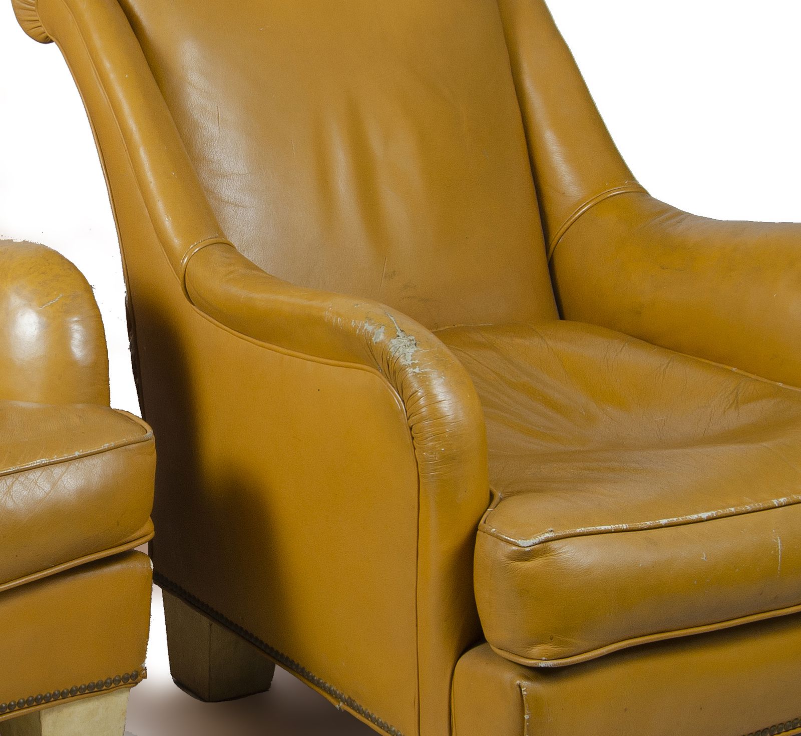 Pair Of 1940s Mid Century Modern Leather Club Chairs With Parchment Paper Covered Wood Legs, France photo buy