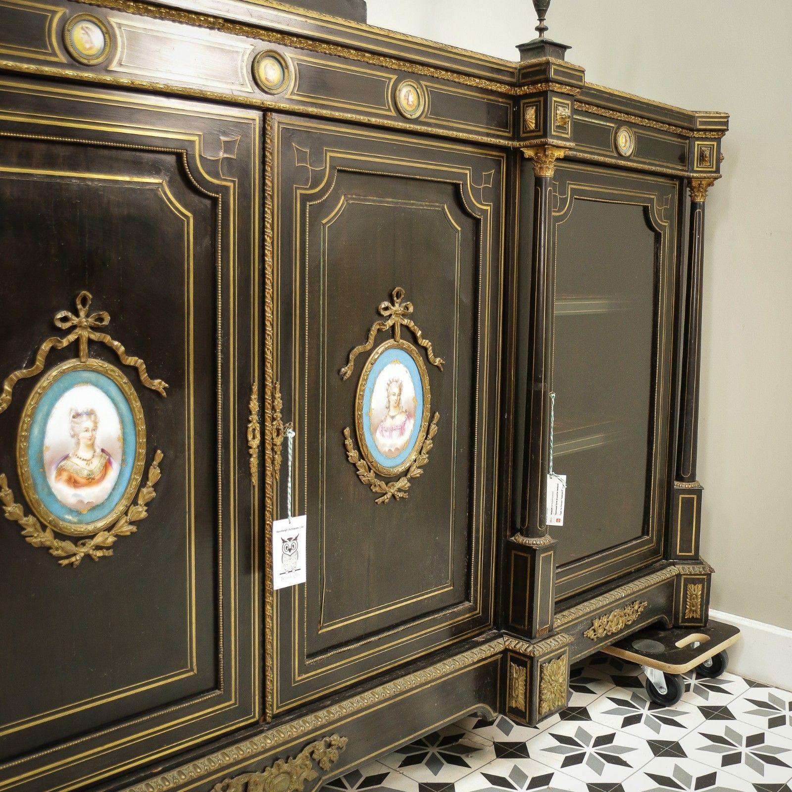 Antique Ebonised And Gilt Brass Credenza 19th Century With Porcelain Plaques photo vinterior