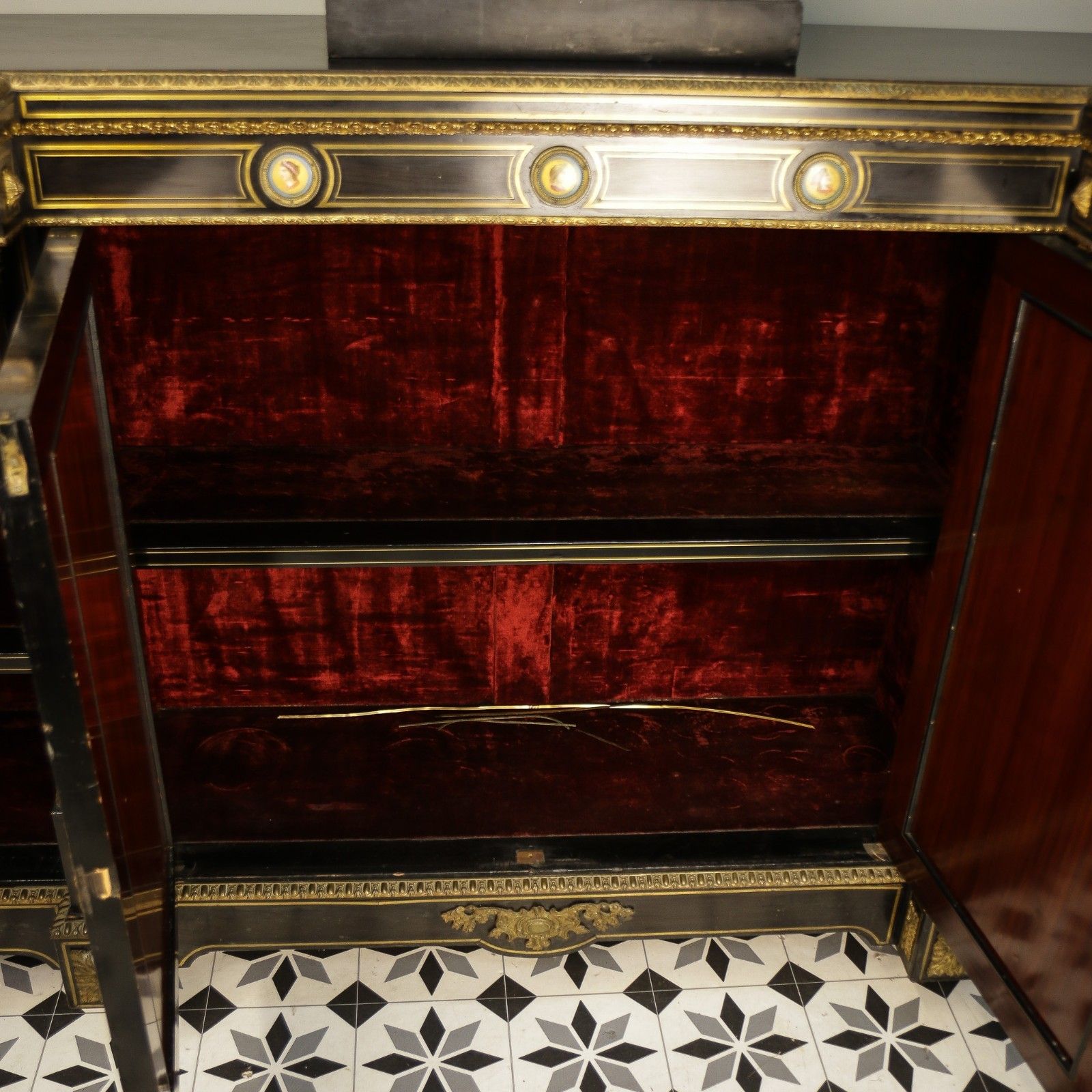 Furniture Antique Ebonised And Gilt Brass Credenza 19th Century With Porcelain Plaques photo