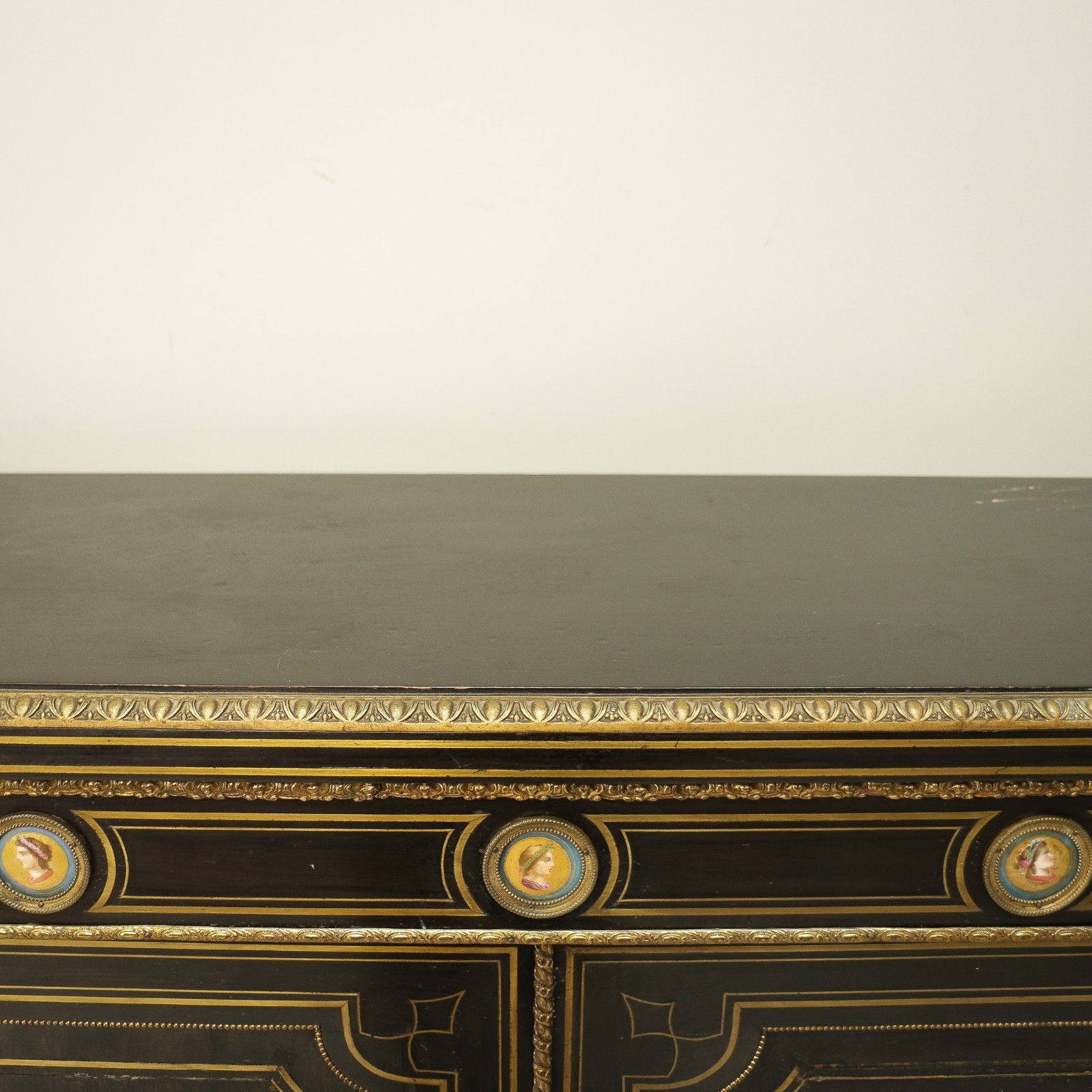 photo buy Antique Ebonised And Gilt Brass Credenza 19th Century With Porcelain Plaques