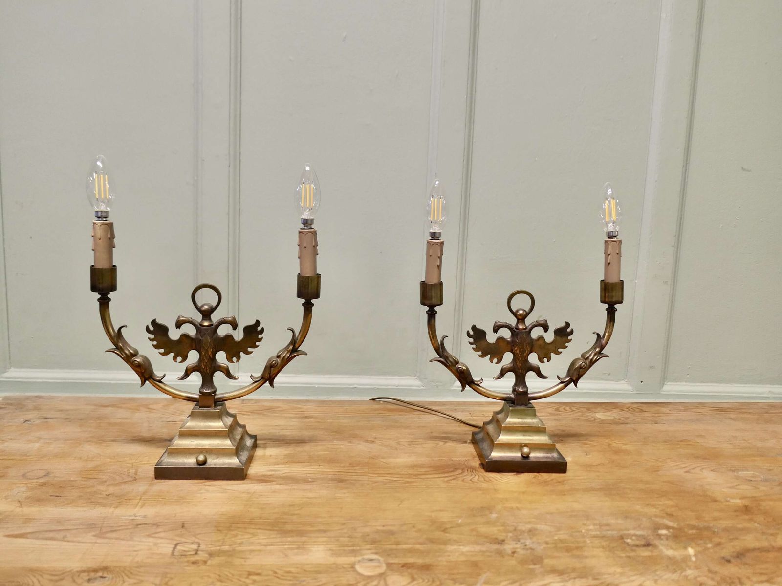 Pair Of Arts And Crafts Gothic Brass Twin Table Lamps These Are Grand Looking Pieces photo Lighting