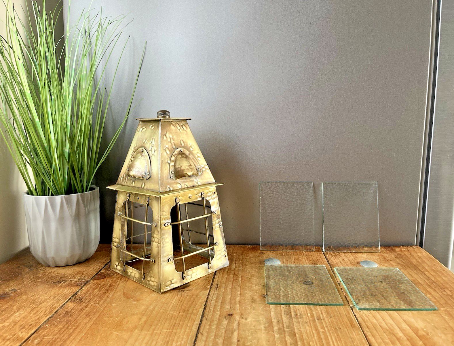 Antique Arts & Crafts Textured Brass & Glass Pendant Lantern Porch Lamp Light photo furniture