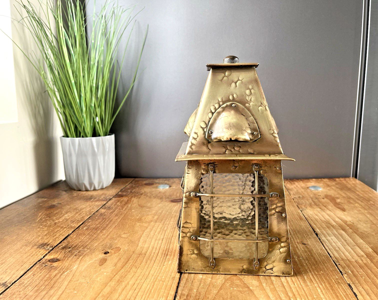 Antique Arts & Crafts Textured Brass & Glass Pendant Lantern Porch Lamp Light photo vintage