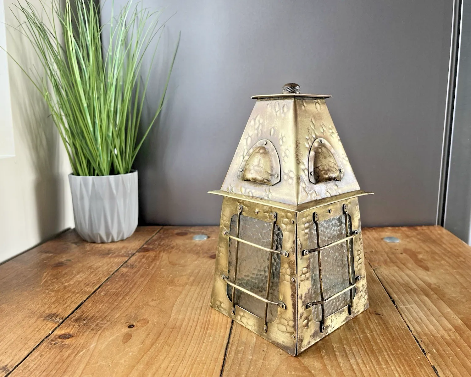 Lighting Antique Arts & Crafts Textured Brass & Glass Pendant Lantern Porch Lamp Light photo