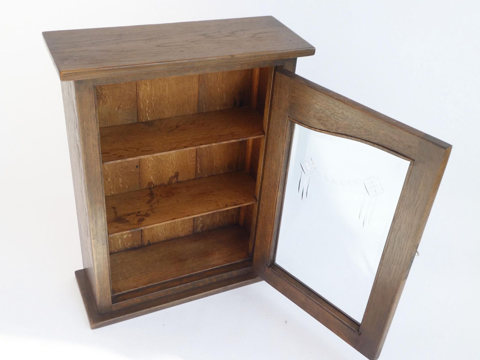 photo furniture Antique Oak Cabinet With Beveled Glass Door, Art Deco Apothecary With Cut Floral Glass, Medicine Chest With Lock