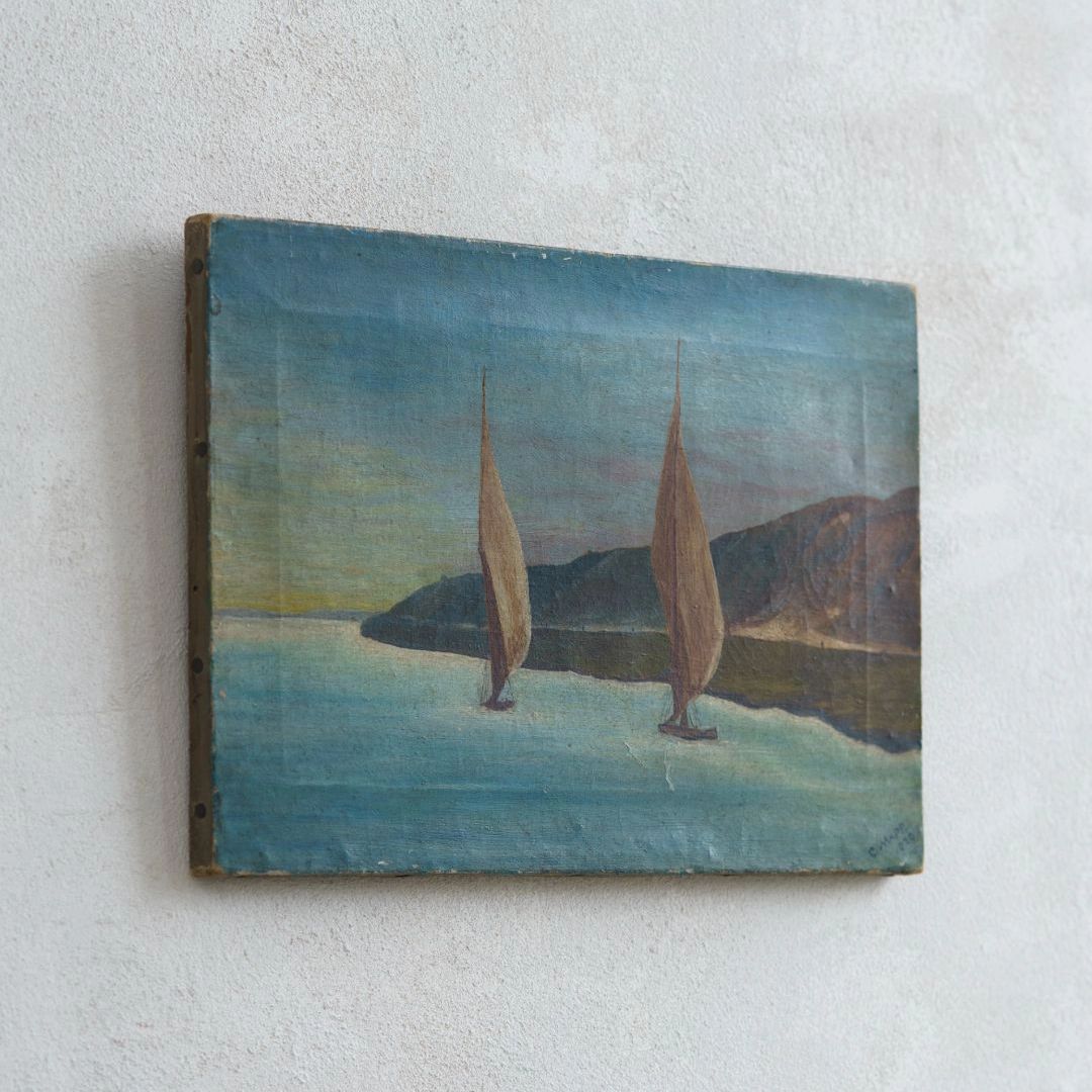 1920 Modernist Painting Of A Nautical Scene: Signed Original Surrealist Style