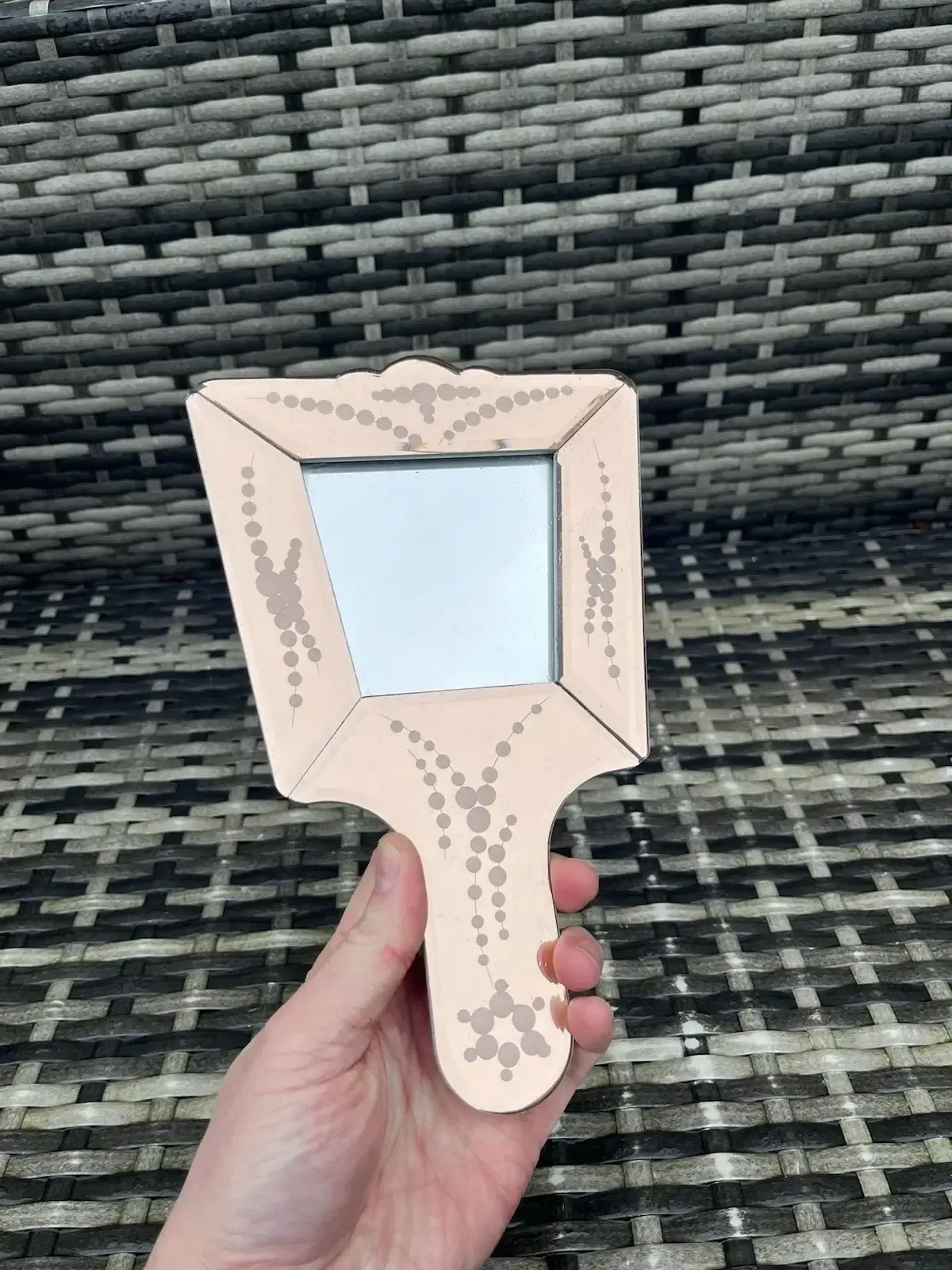photo furniture “Vintage Art Deco Style Etched Effect Peach Copper Hand Vanity Mirror Wall Decor