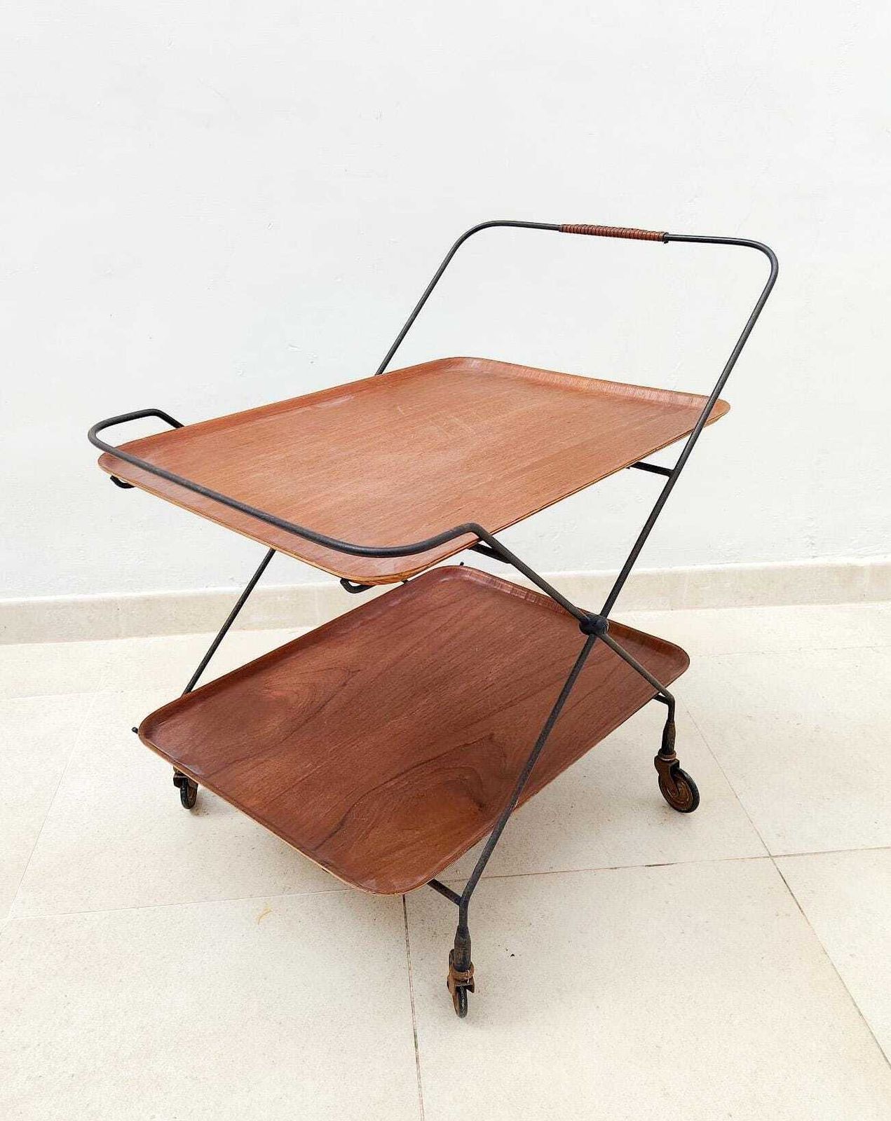 Vintage Campo E Graffi Home Design Bar Cart In Metal And Industrial Teak, Mid Century Era