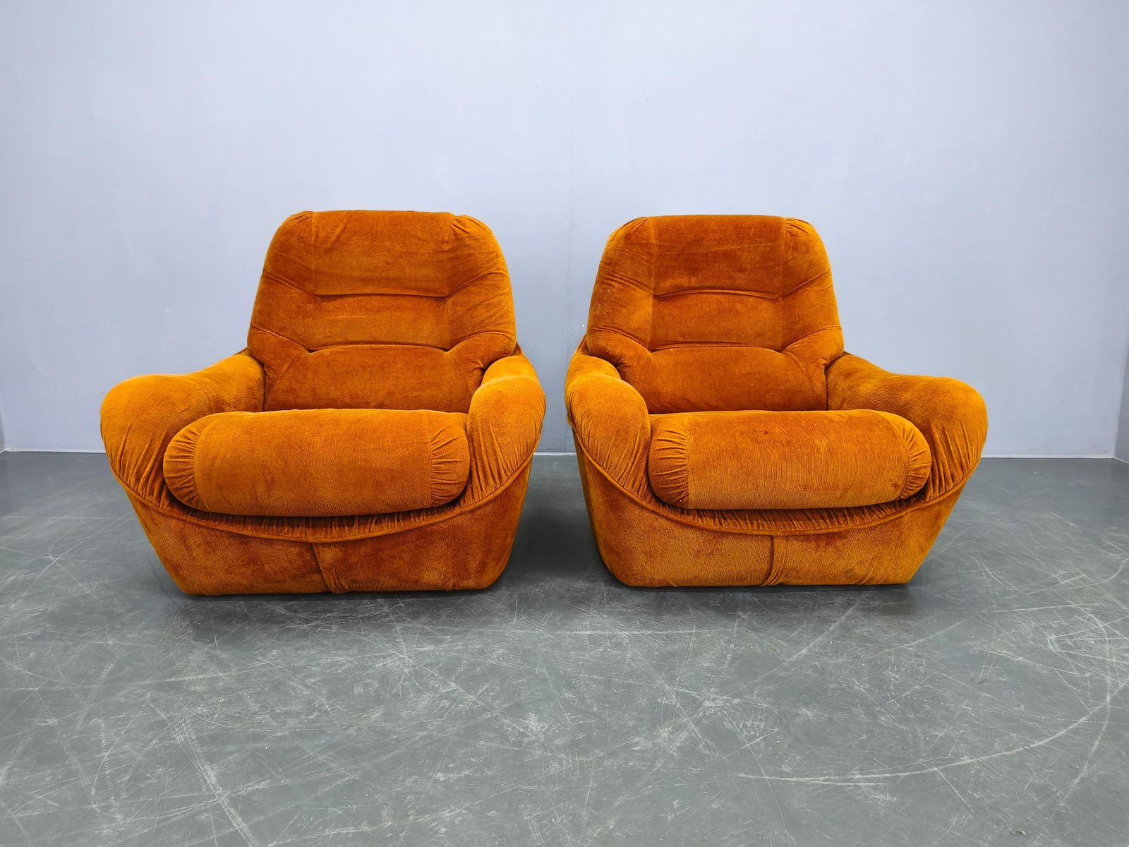 Pair Of Italian Space Age Lounge Chairs, Orange Upholstery, 1970s photo for sale