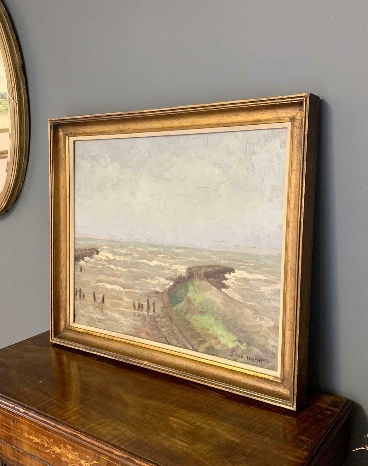 Signed Oil Painting Of Coastal Beach Seascape In Gilt Frame photo 195.0