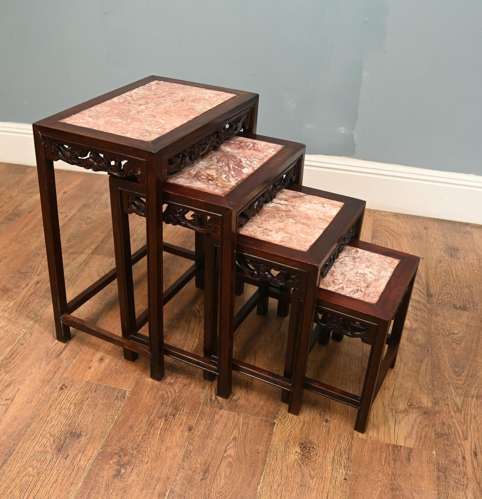 Chinese Hardwood Nest Of Tables Set 4 Marble Tops photo for sale