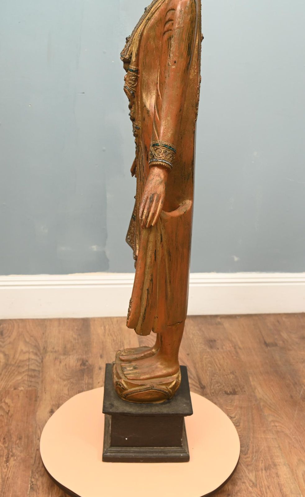 Art Large Buddha Statue Burmese Standing Buddhist Carved Figure Myanmar photo