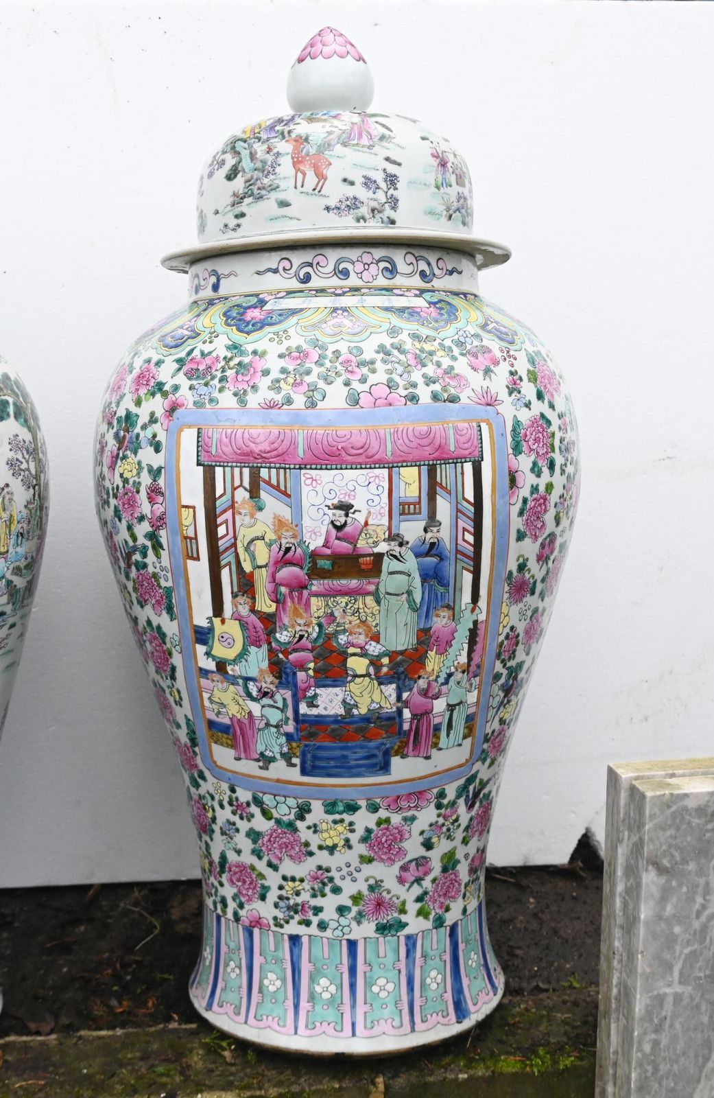 Pair Chinese Famille Rose Urns Canton Lidded Vases 4ft 114 Cm photo for sale