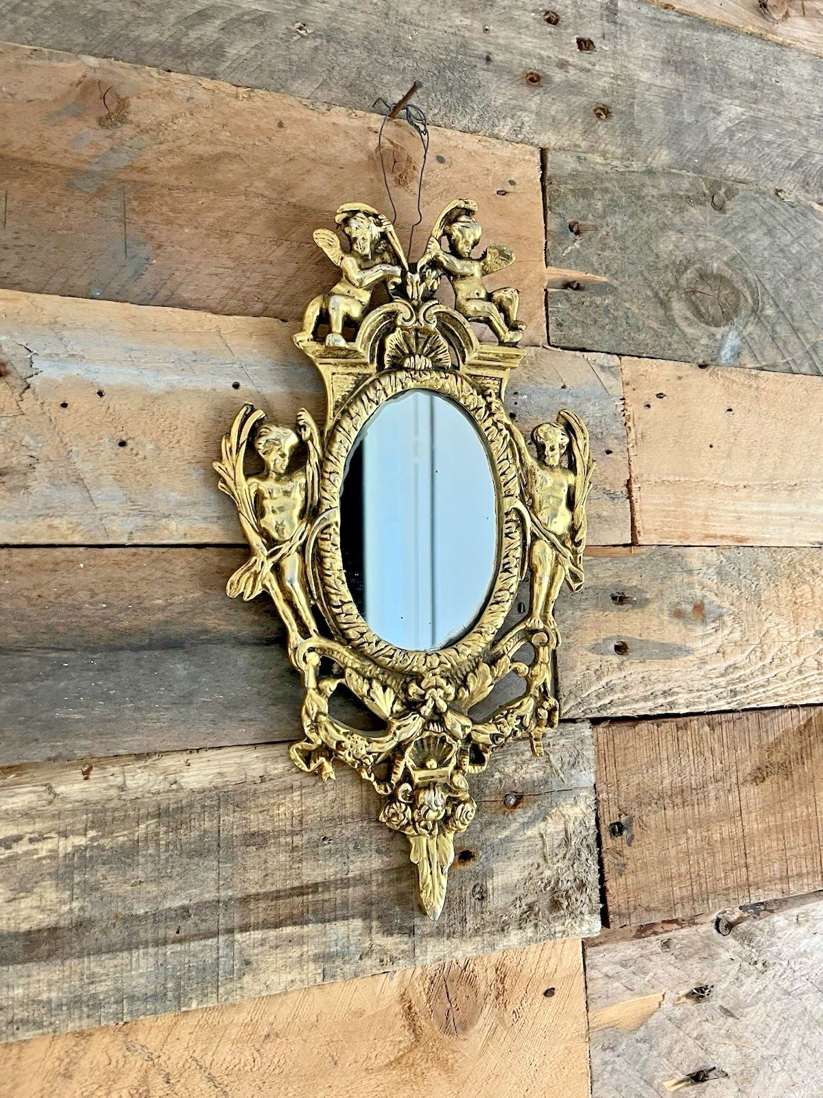 Superb Antique 19th C French Rococo Gilt Brass Oval Wall Mirror Cherubs Angels