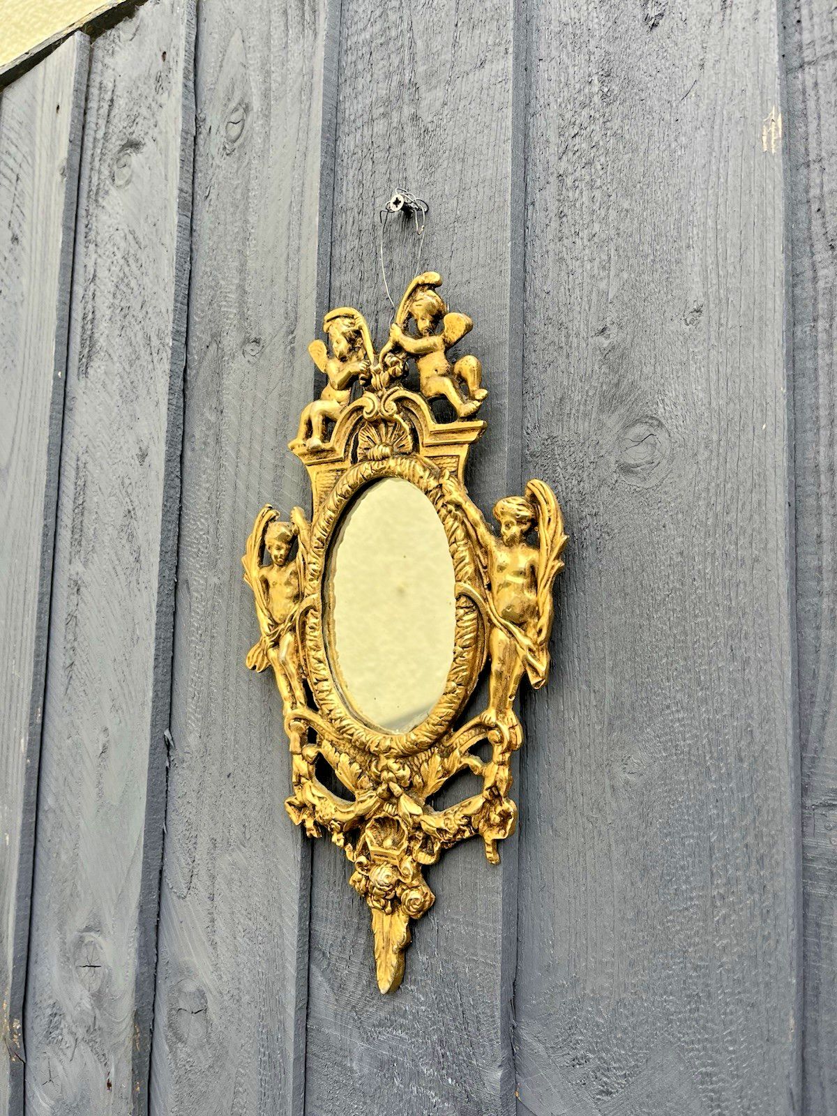 Superb Antique 19th C French Rococo Gilt Brass Oval Wall Mirror Cherubs Angels photo 175.0