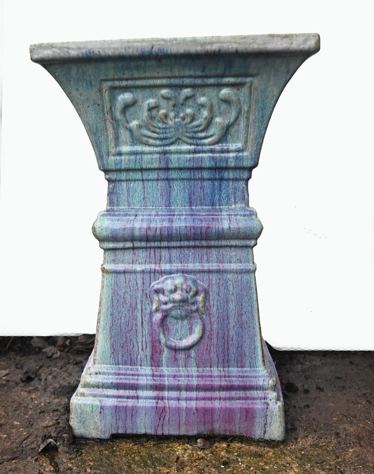 Pair Italian Deruta Garden Pedestals Glazed Ceramic Stands Lion Masks photo furniture