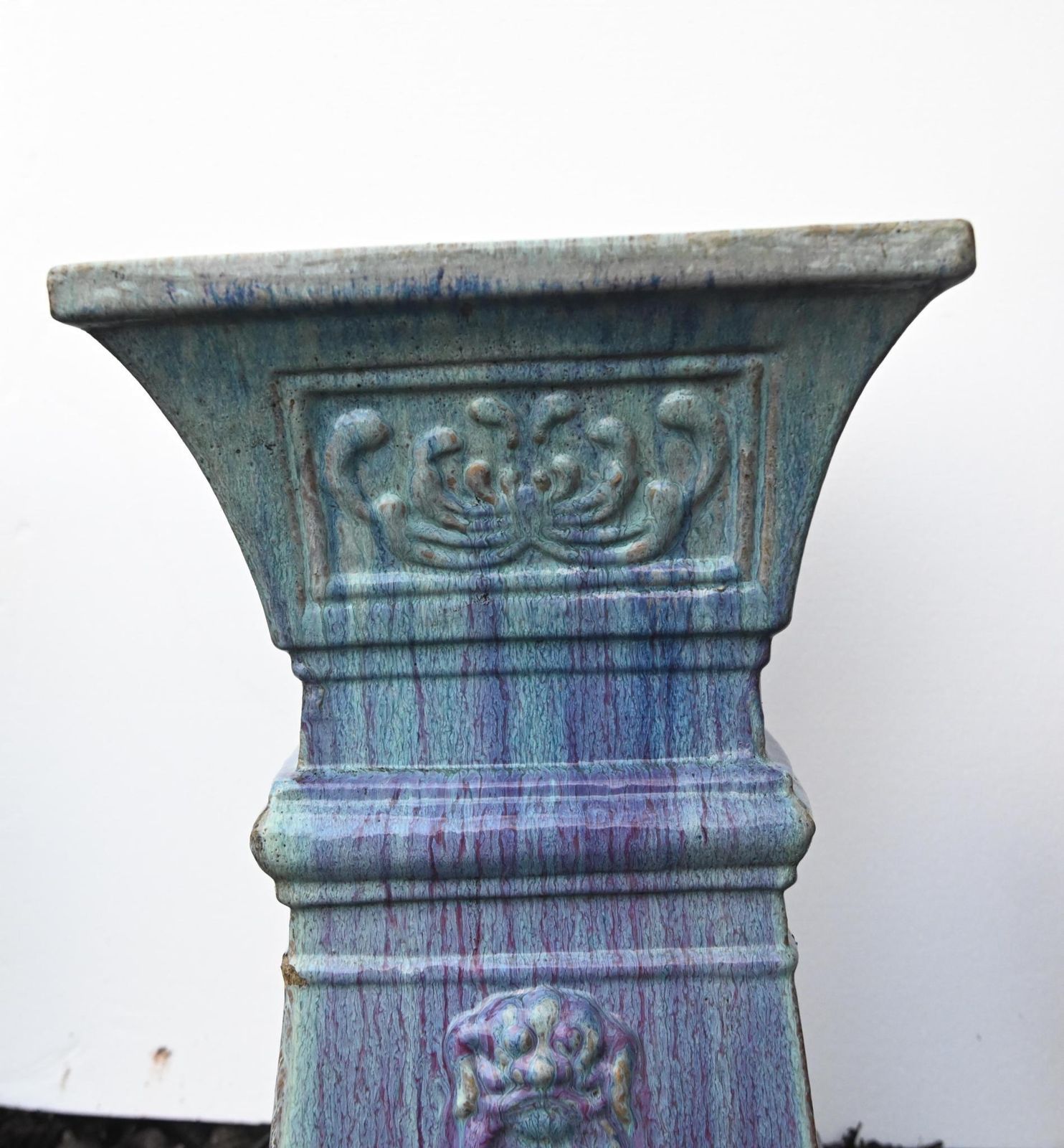 Pair Italian Deruta Garden Pedestals Glazed Ceramic Stands Lion Masks photo for sale