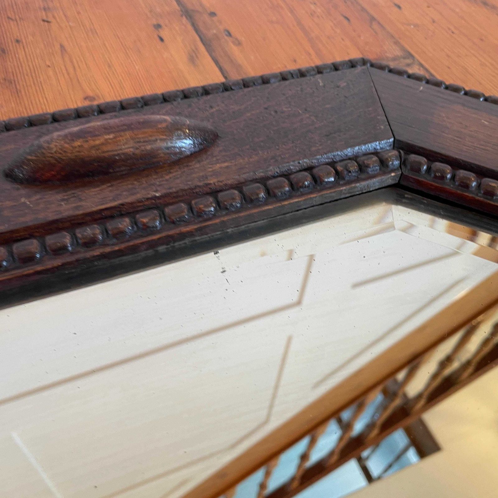 photo for sale 1930's Antique Oak Bevelled Wall Mirror Octagonal Frame Wood English Arts And Crafts Decorative Mouldings Vintage Early 20th Century Wooden