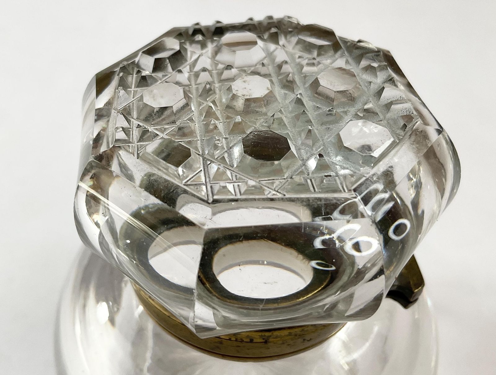 Fine Victorian Cut Crystal Library Inkwell – Faceted Geometric Lid – C.1900 photo buy