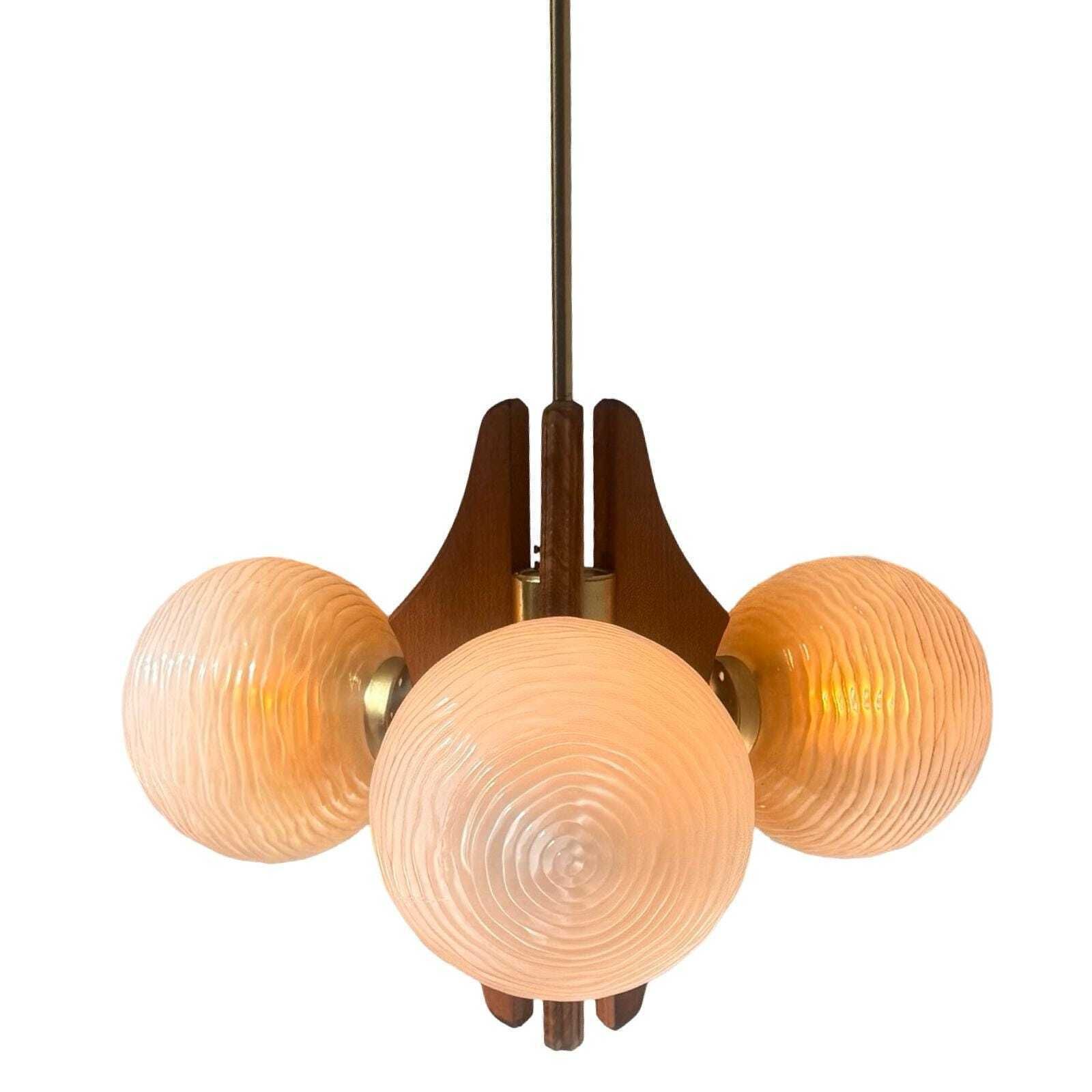 Hanging Pendant   Model Sputnik   Wooden Base, Brass Details And Three Glass Domes   Mcm / Space Age Design photo furniture