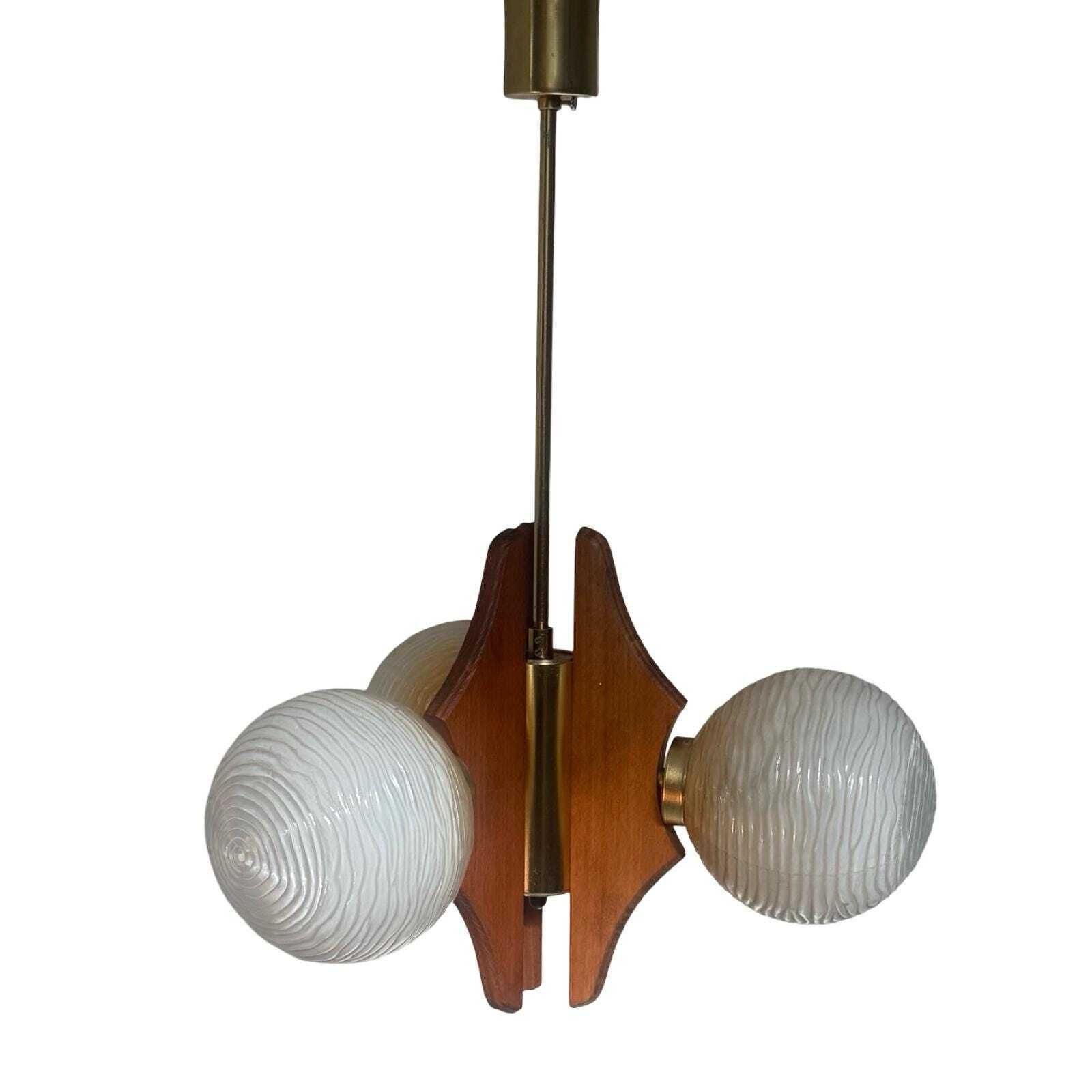 Hanging Pendant   Model Sputnik   Wooden Base, Brass Details And Three Glass Domes   Mcm / Space Age Design photo vintage