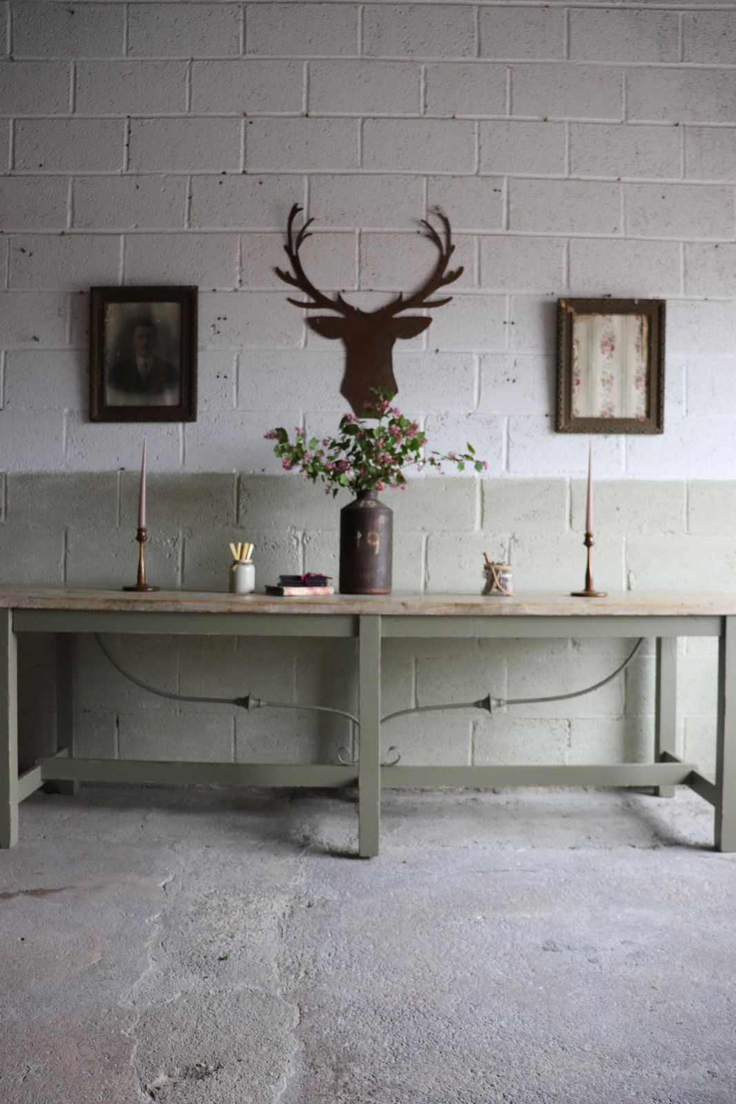 Fabulous 8 1/2 Ft Long Rustic Refectory Table With Plank Top And Ornate Swag Base