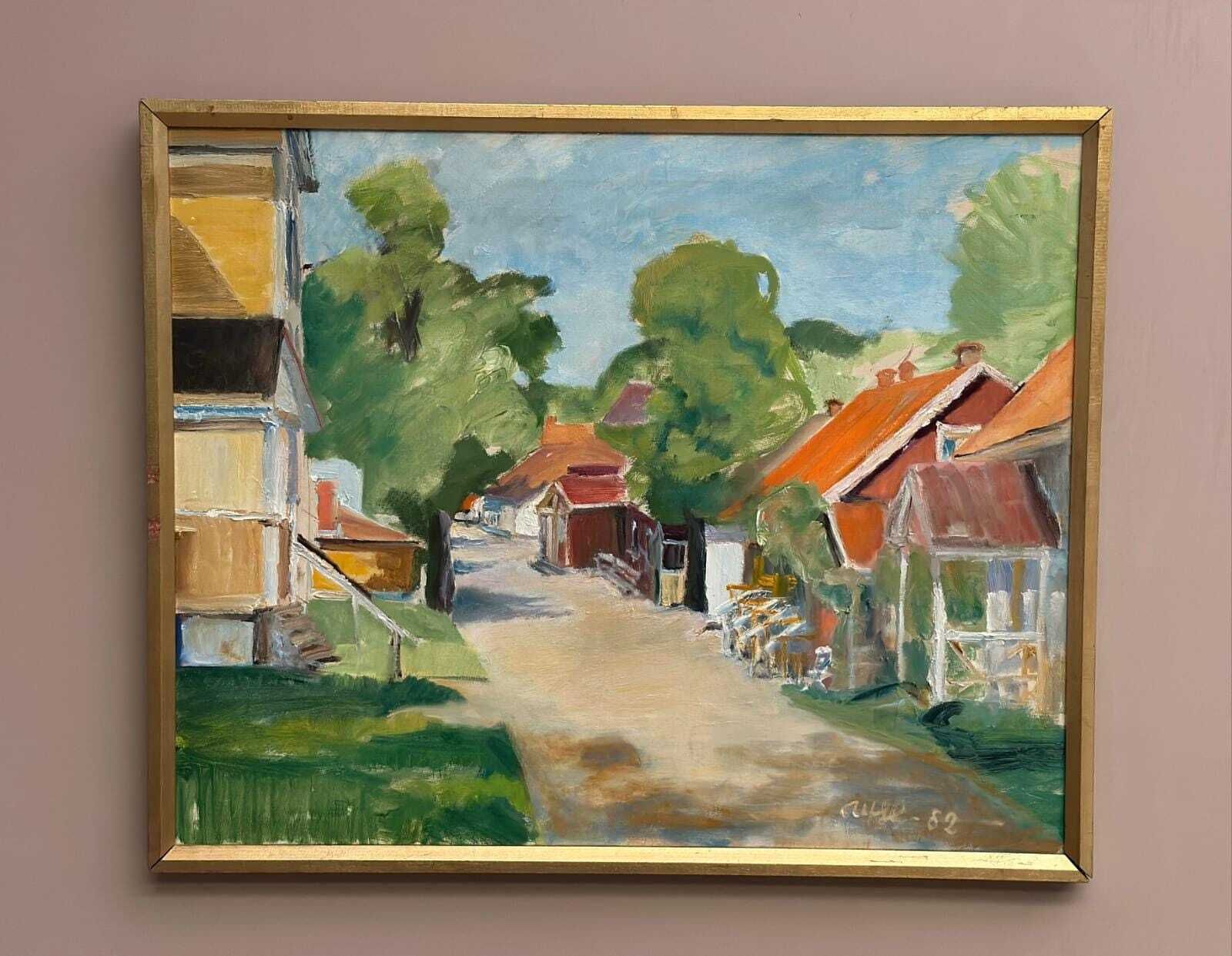 Original Swedish Oil On Canvas – Street With Houses And Trees By Ulfe – Dated 1982 – Vintage & Framed 65 × 75 Cm (25.6" × 29.5") photo Art
