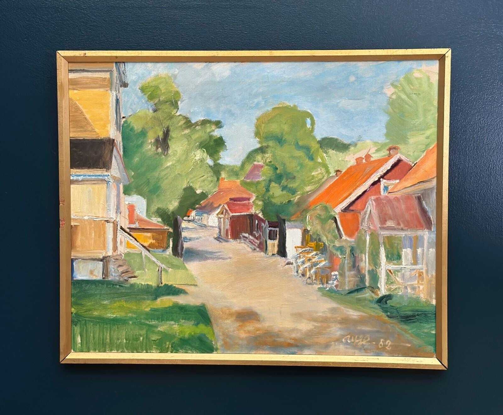 505.0 Original Swedish Oil On Canvas – Street With Houses And Trees By Ulfe – Dated 1982 – Vintage & Framed 65 × 75 Cm (25.6" × 29.5") photo