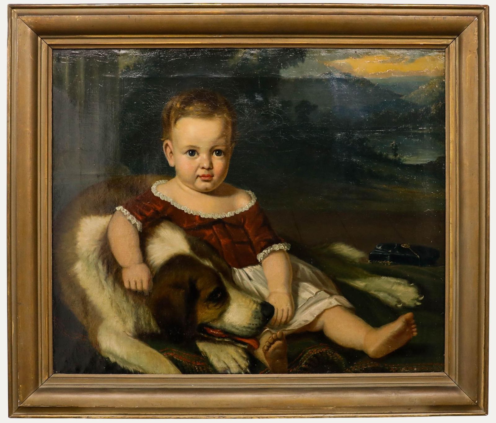 American School 19th Century Oil Portrait Of A Child With A Saint Bernard