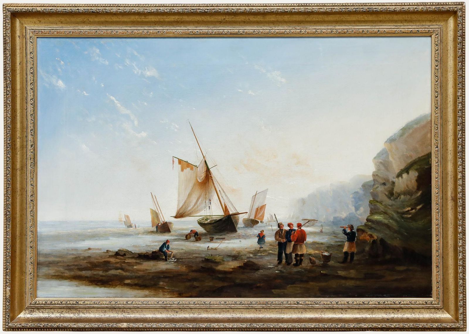 Framed 19th Century Oil Fisherfolk Working On The Shore
