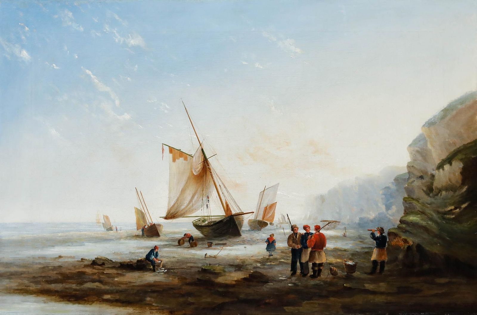 Framed 19th Century Oil Fisherfolk Working On The Shore photo furniture