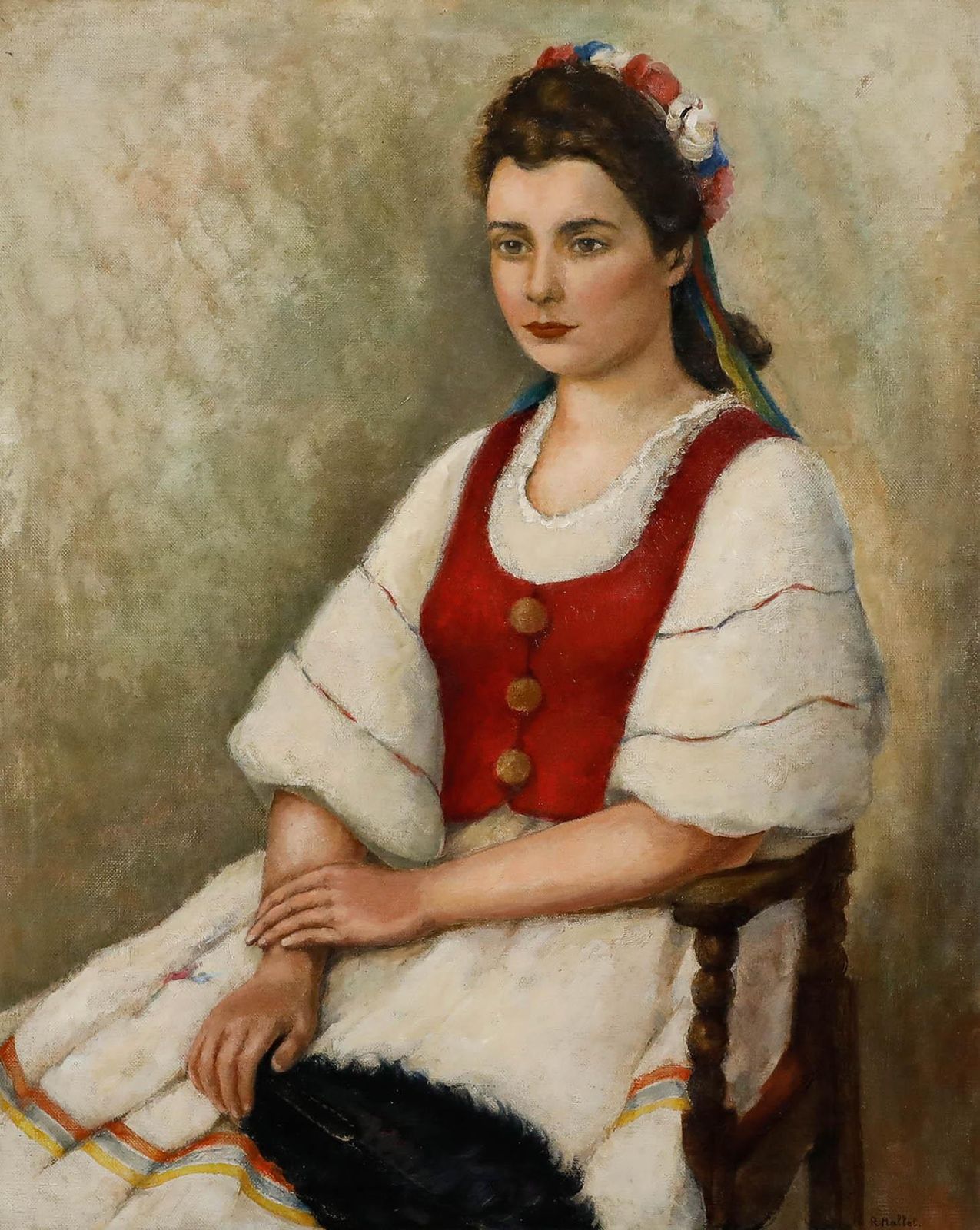 René Mallet (1891 1960) French School Oil, Portrait Of A Lady In Folk Dress photo furniture