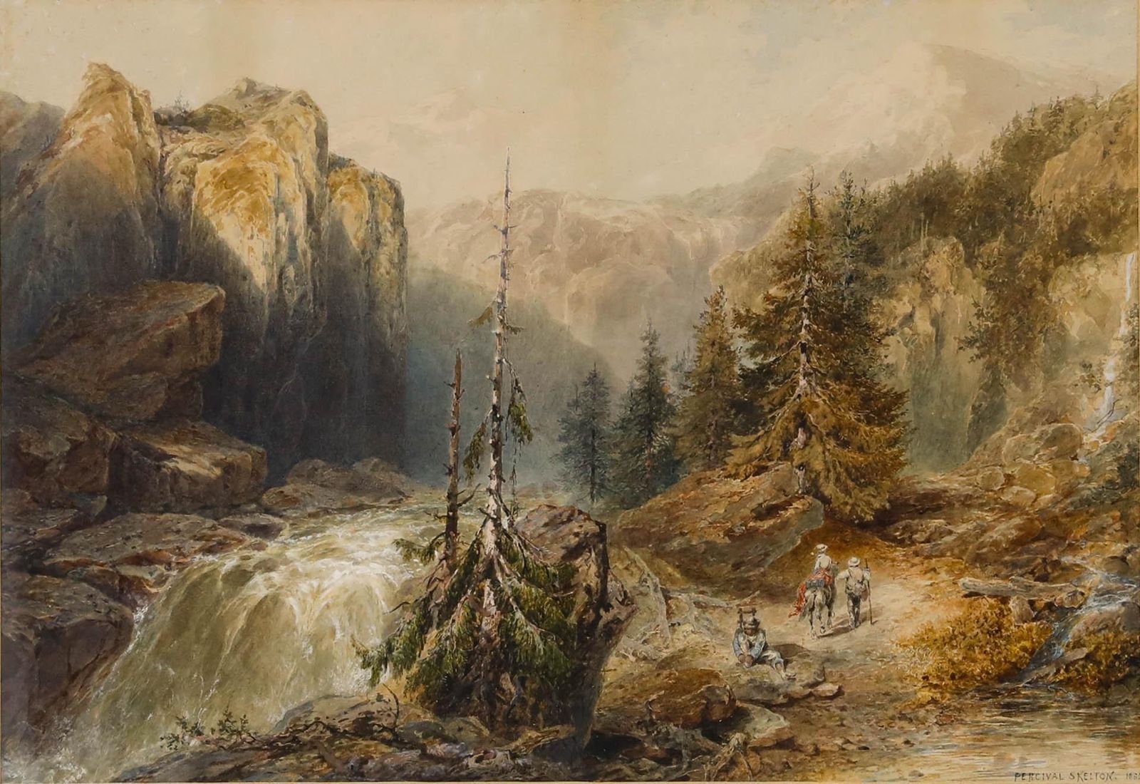 Percival Skelton (Fl.1849 1887) 1886 Watercolour, Travellers In A Rocky Gorge photo furniture