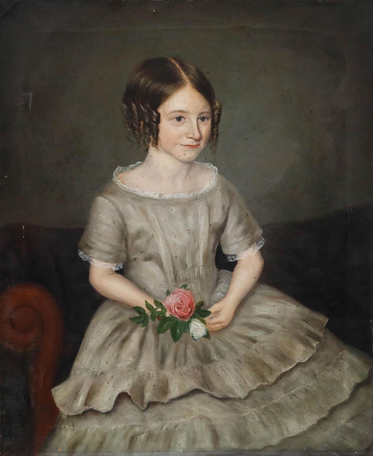 19th Century Oil Girl Holding Flowers photo furniture