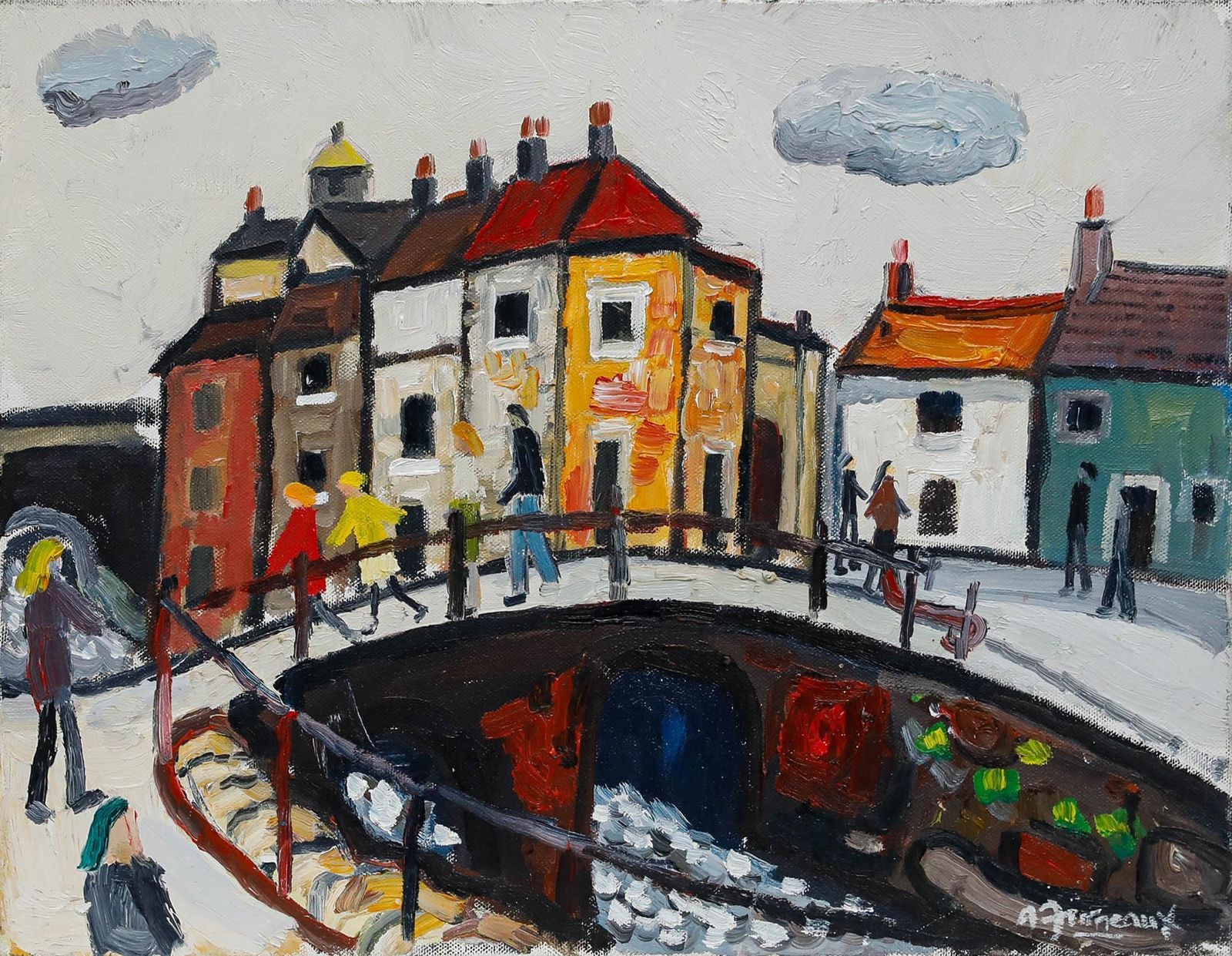 Alan Furneaux (B.1953) Framed Contemporary Oil, Figures On The Footbridge photo furniture