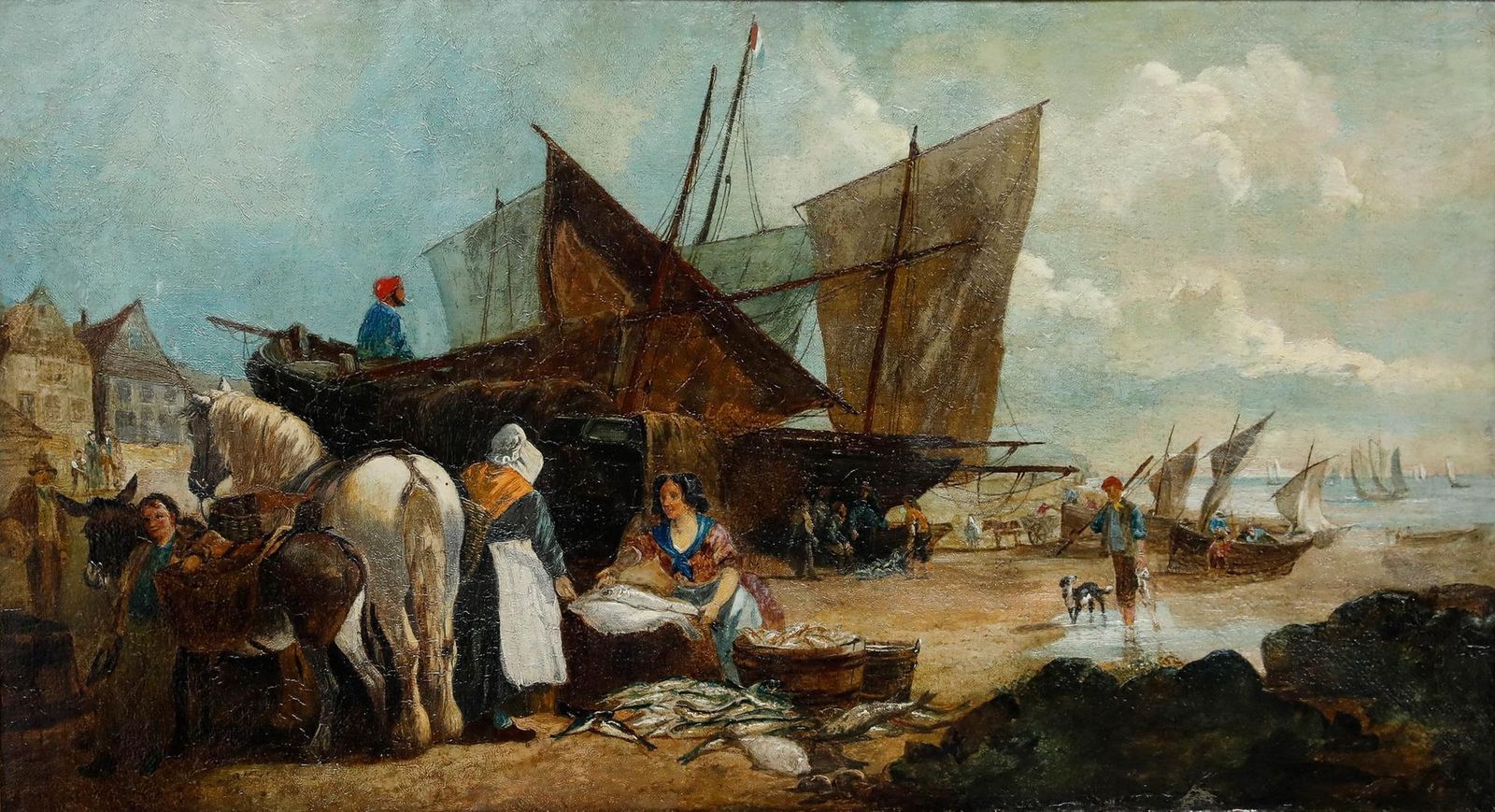 Style Of William Shayer (1811 1892) Large Late 19th Century Oil, Fisherfolk photo furniture
